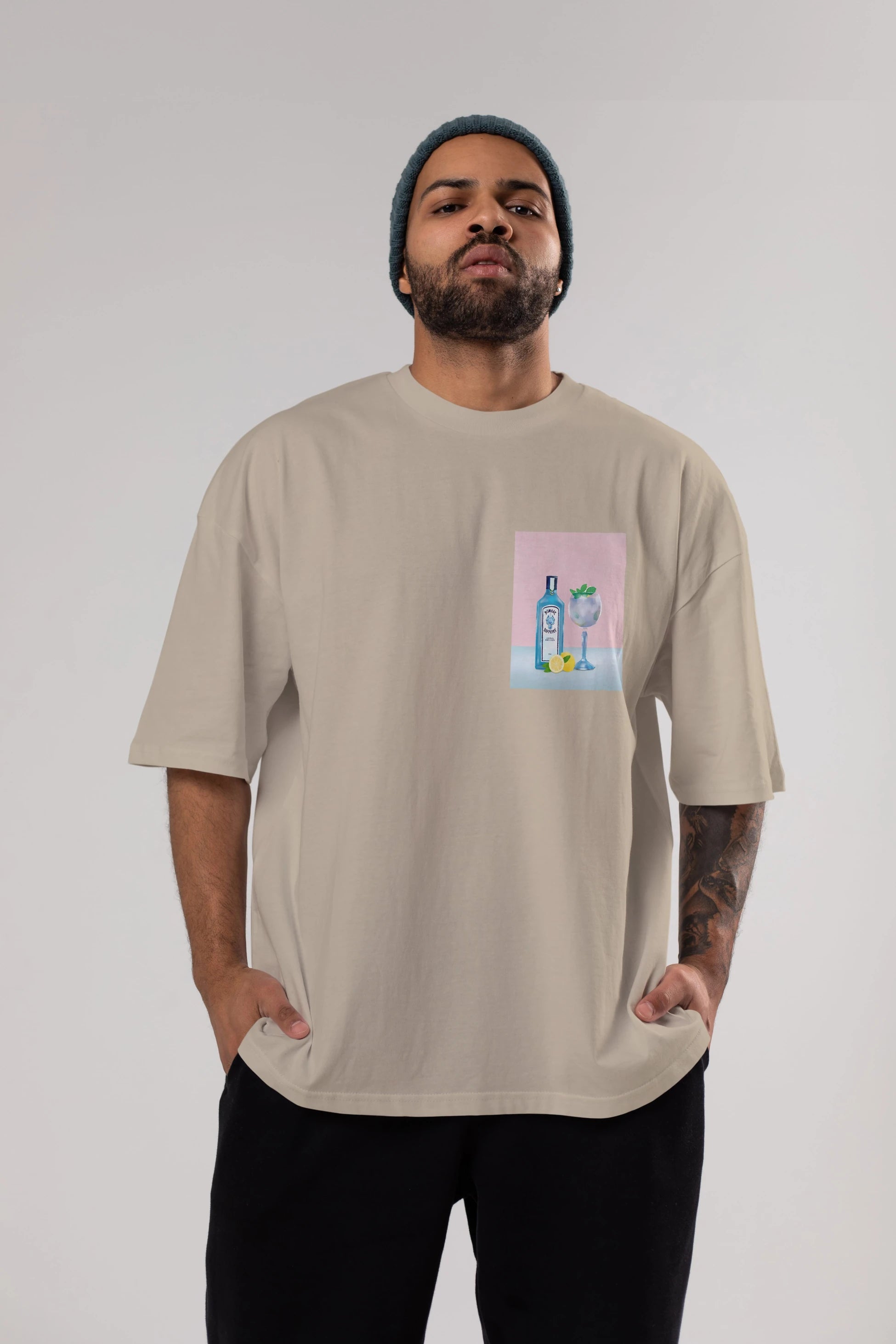 Bombay Sapphire Dry Gin Ön Sol Baskılı Oversize t-shirt Erkek Kadın Unisex %100 Pamuk Bisiklet Yaka tişort