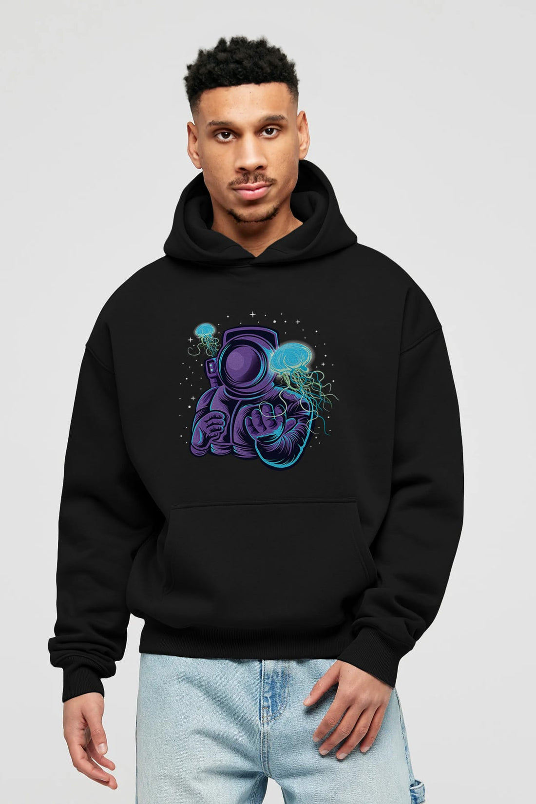 Astronaut and Jellyfish Ön Baskılı Hoodie Oversize Kapüşonlu Sweatshirt Erkek Kadın Unisex
