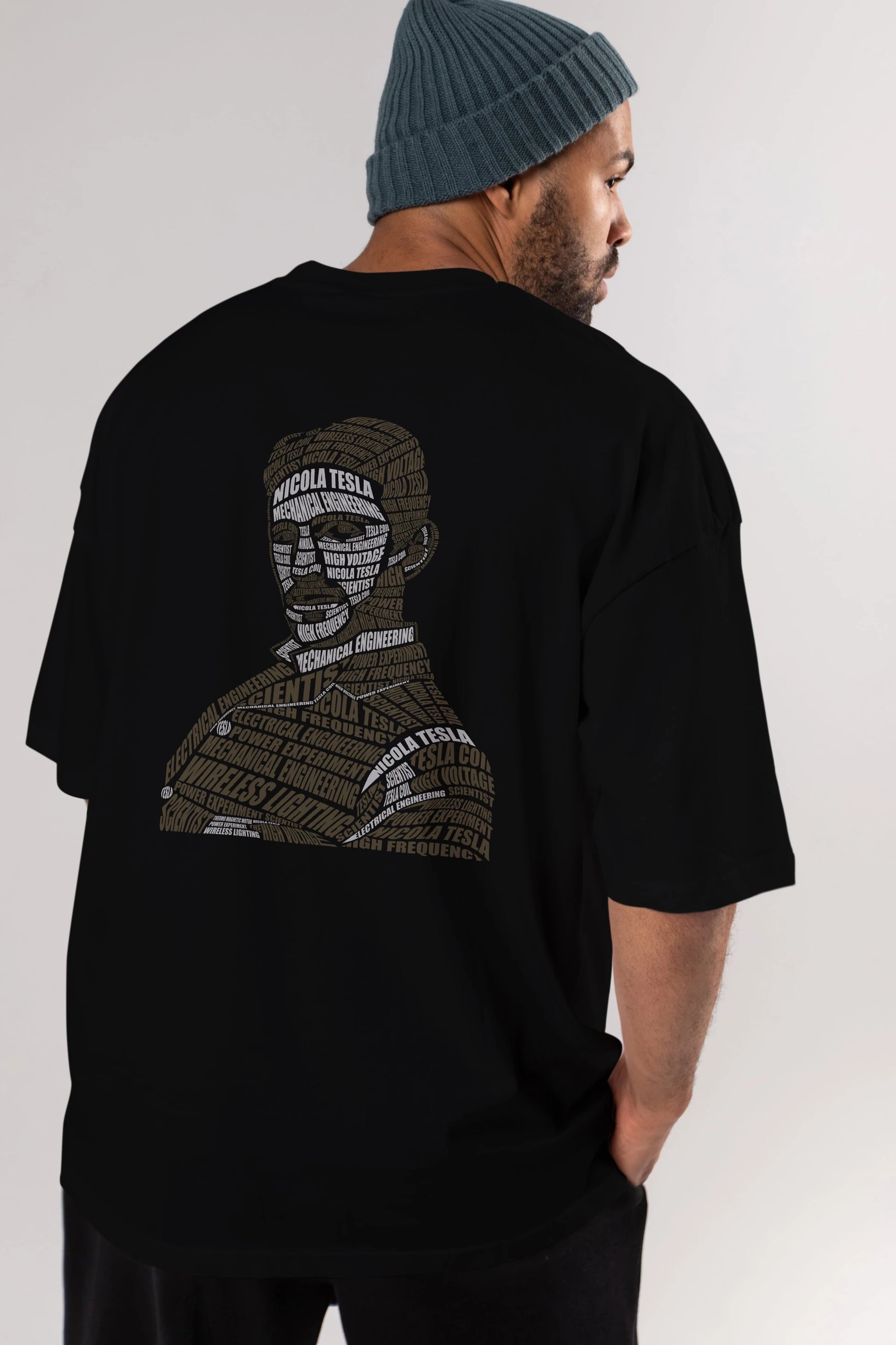 Nikola Tesla Calligram Arka Baskılı Oversize t-shirt %100 pamuk Erkek Kadın Unisex