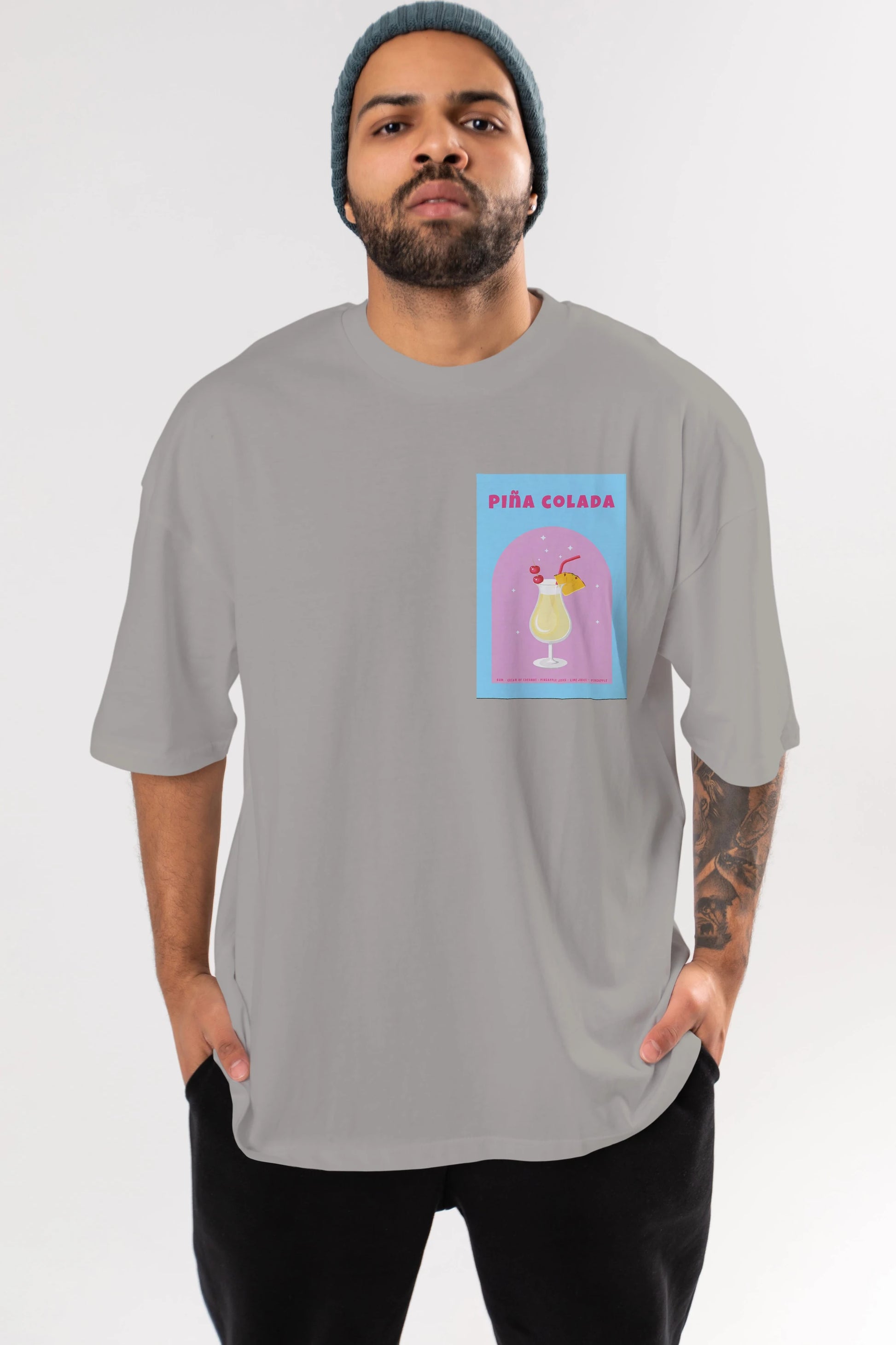 Pina Colada 2 Ön Sol Baskılı Oversize t-shirt Erkek Kadın Unisex %100 Pamuk Bisiklet Yaka tişort