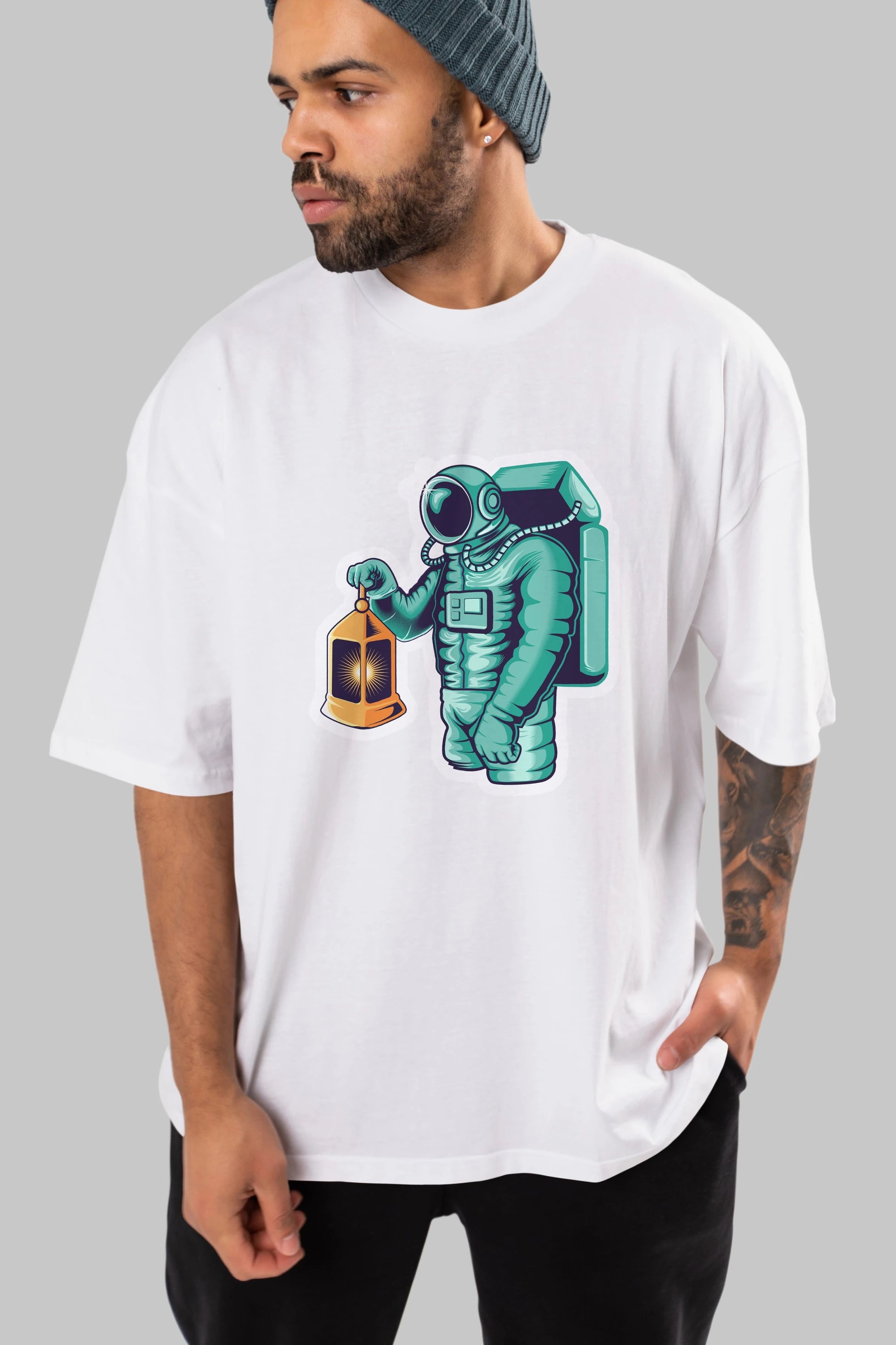 Astronaut Lantern Sticker Ön Baskılı Oversize t-shirt Erkek Kadın Unisex