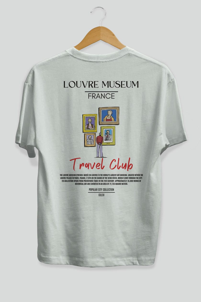 Louvre Museum France Arka Baskılı Oversize t-shirt Erkek Kadın Pamuk Bisiklet Yaka tişort