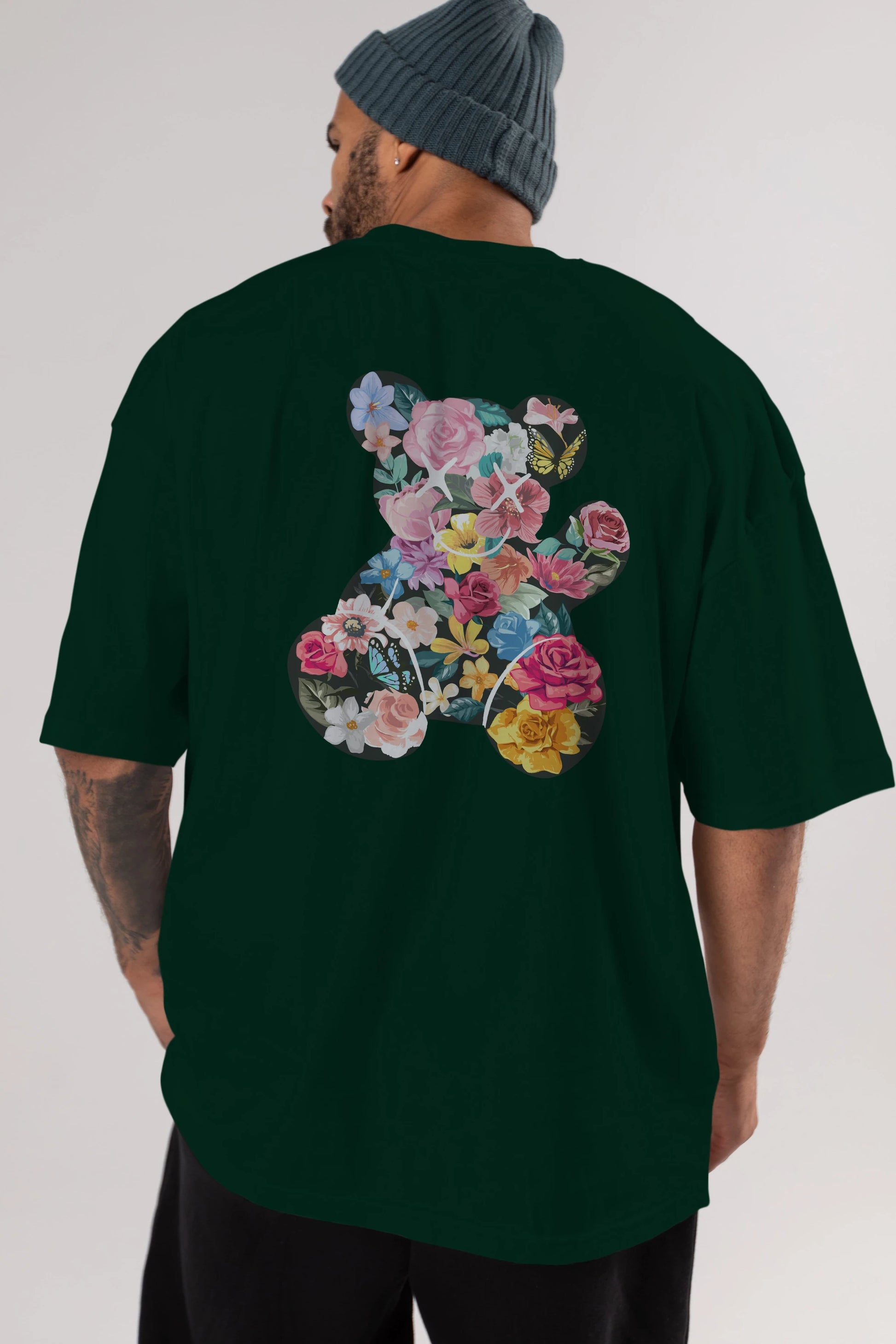 Flowers Bear Arka Baskılı Oversize t-shirt Erkek Kadın Unisex
