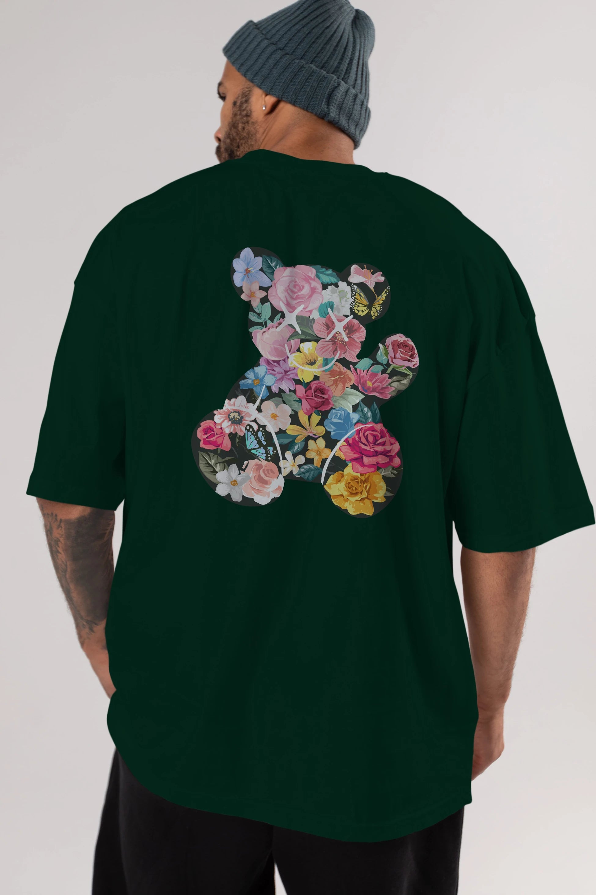 Flowers Bear Arka Baskılı Oversize t-shirt Erkek Kadın Unisex