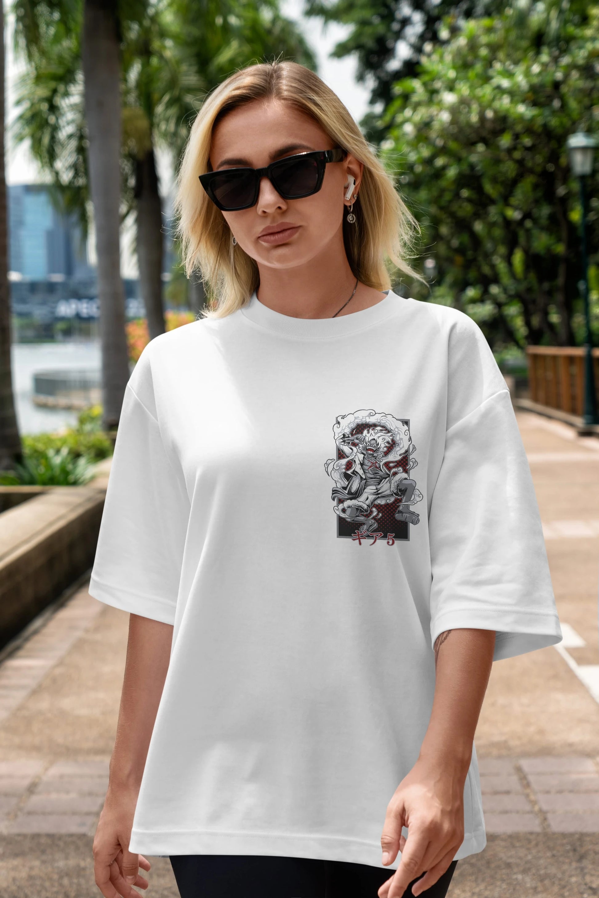 LUFFY GEAR 5 Ön Sol Baskılı Oversize t-shirt Erkek Kadın Unisex %100 Pamuk Bisiklet Yaka tişort