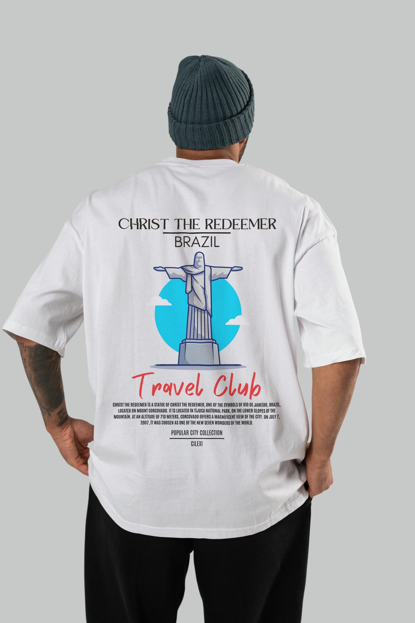 Christ The Redeemer Brazil Arka Baskılı Oversize t-shirt Erkek Kadın Pamuk Bisiklet Yaka tişort