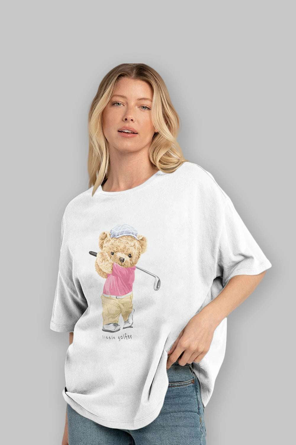 Teddy Bear Little Golfer Ön Baskılı Oversize t-shirt Erkek Kadın Unisex %100 Pamuk