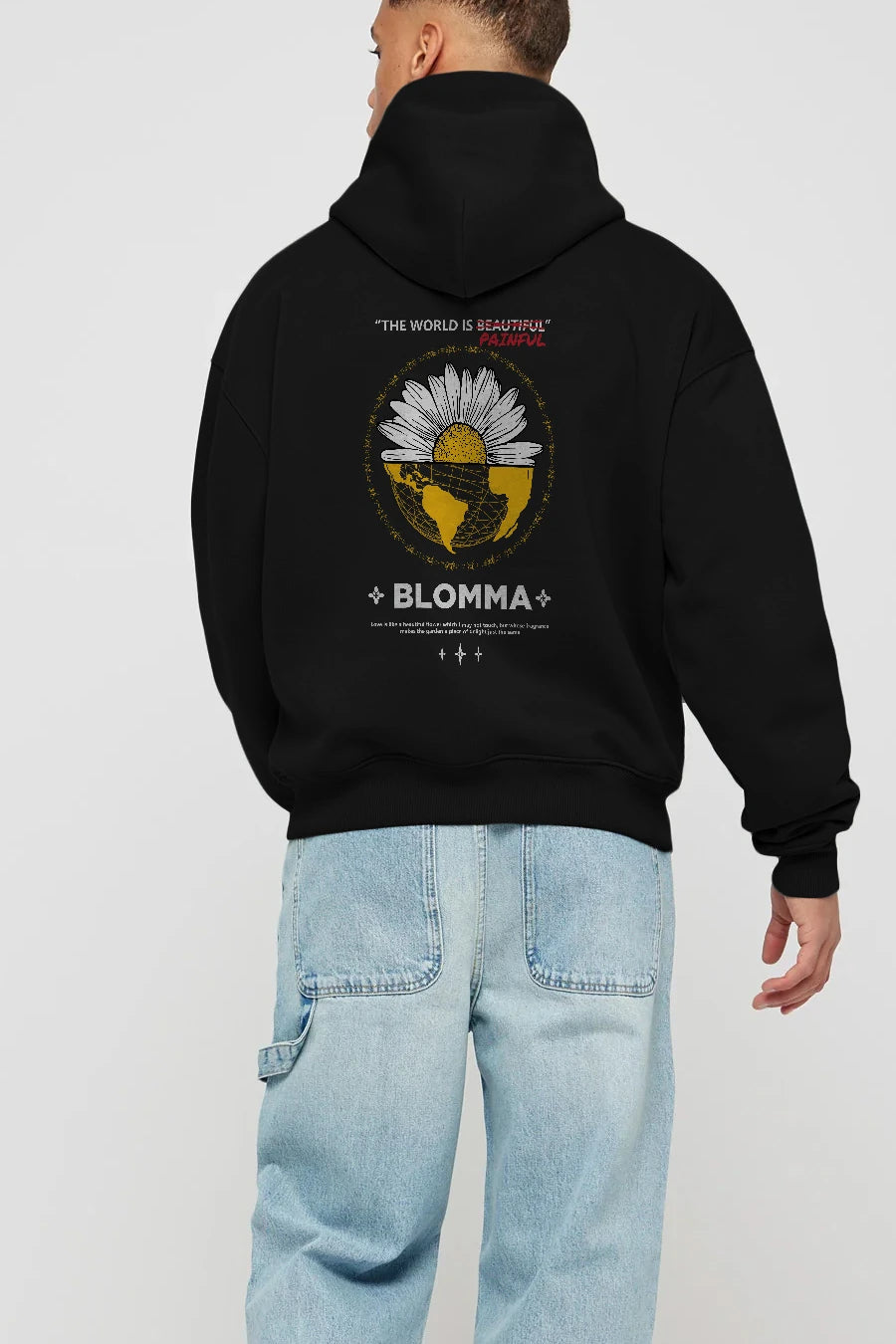 Blomma Arka Baskılı Hoodie Oversize Kapüşonlu Sweatshirt Erkek Kadın Unisex