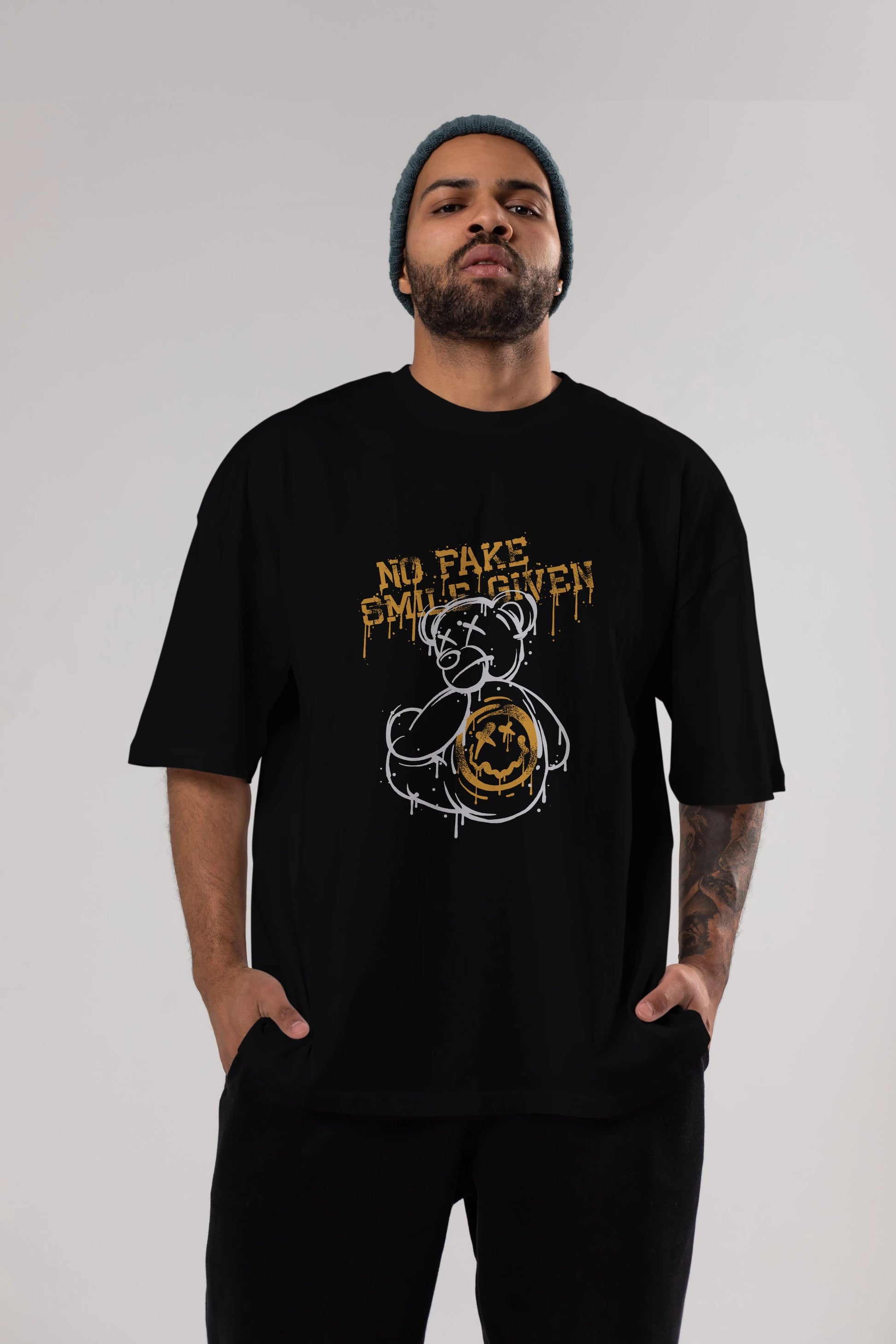No Fake Smile Given Bear Ön Baskılı Oversize t-shirt Erkek Kadın Unisex