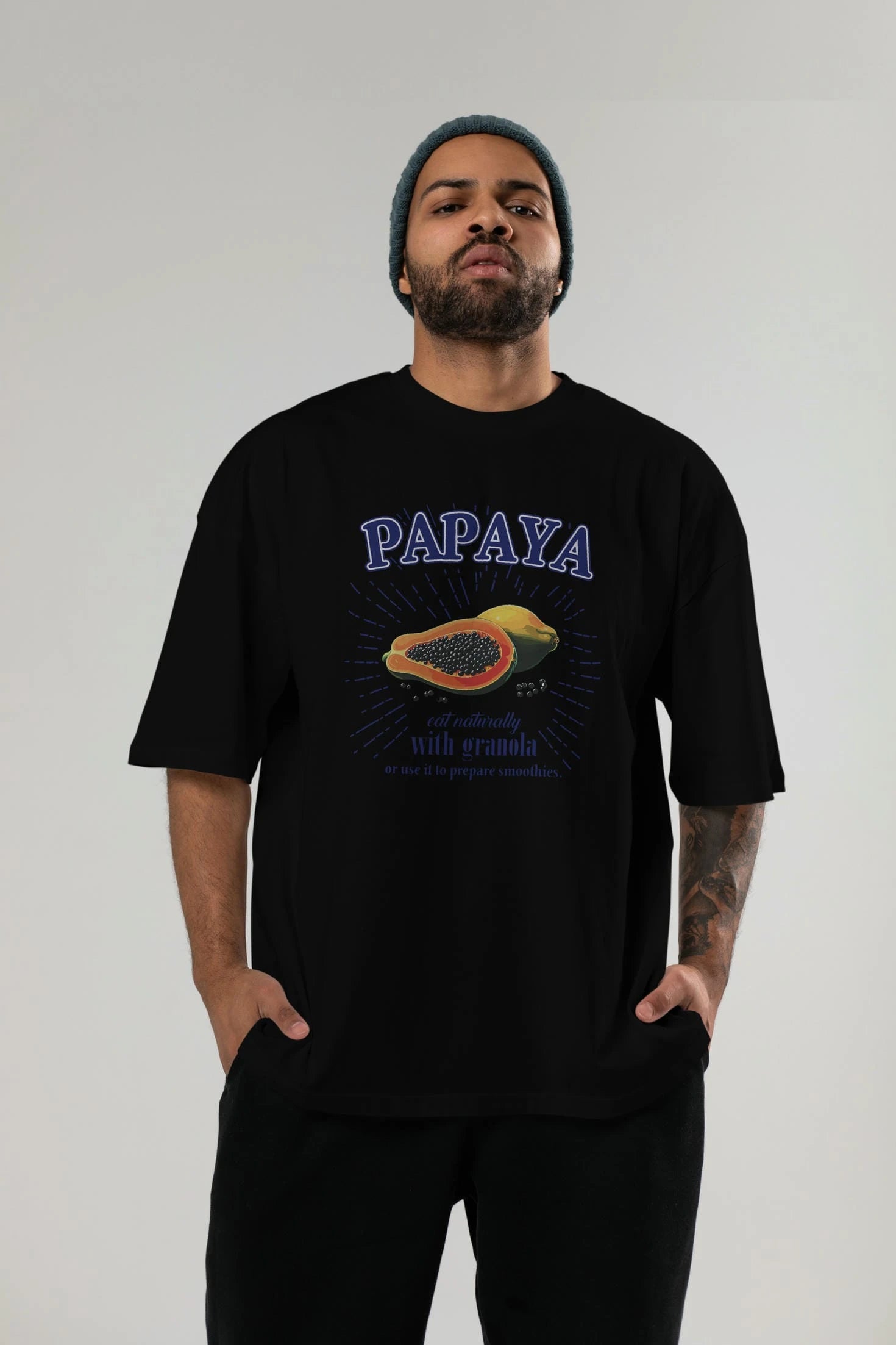 Papaya Ön Baskılı Oversize t-shirt Erkek Kadın Pamuk Bisiklet Yaka tişort