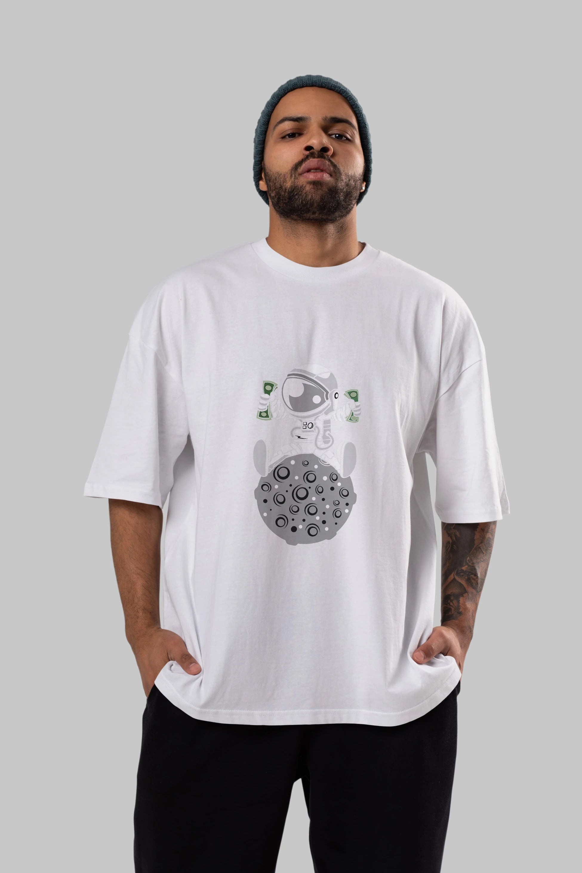 Astronaut Dollar Ön Baskılı Oversize t-shirt Erkek Kadın Unisex %100 Pamuk tişort