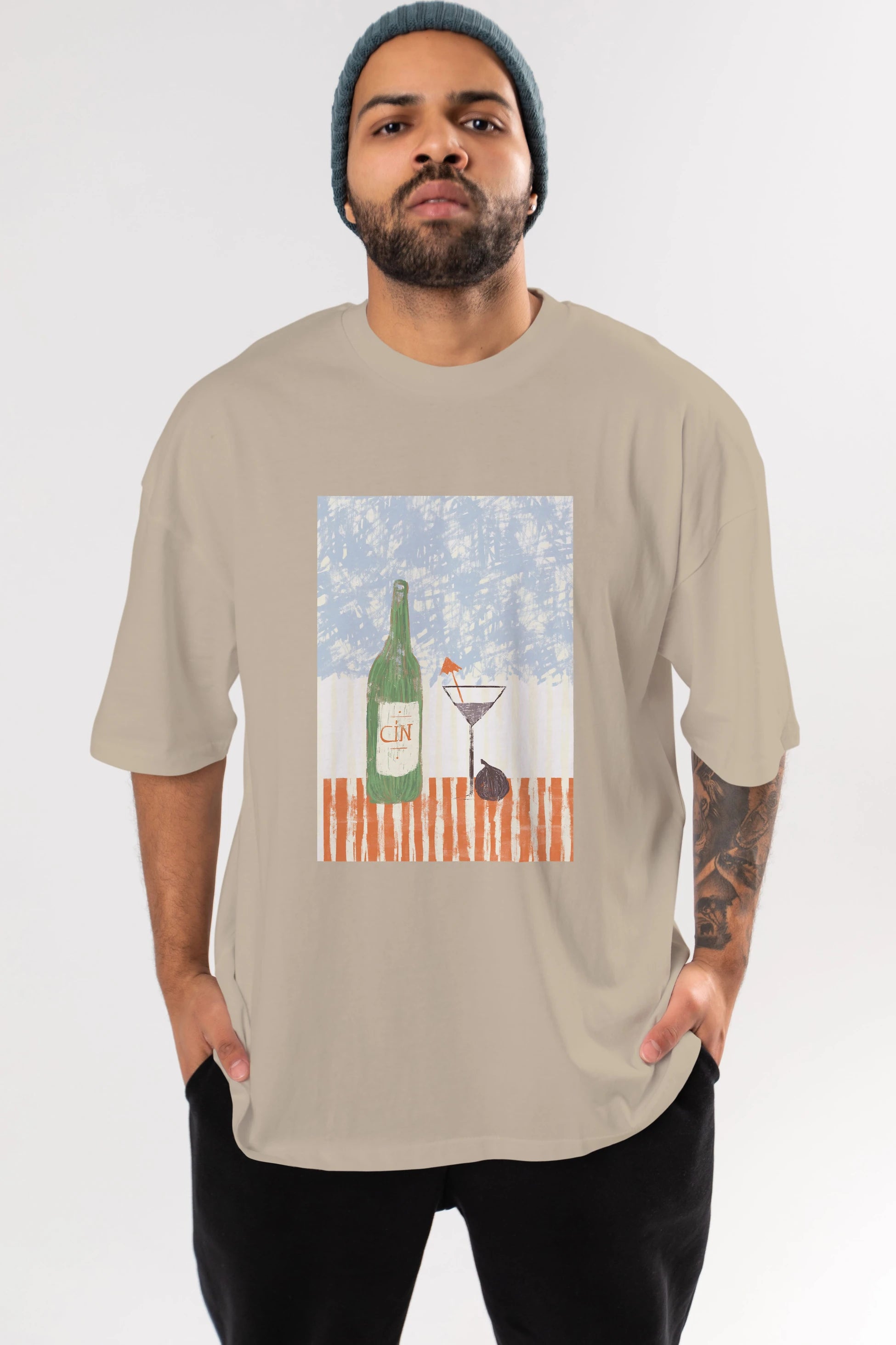 Gin Ön Baskılı Oversize t-shirt Erkek Kadın Unisex %100 Pamuk Bisiklet Yaka tişort
