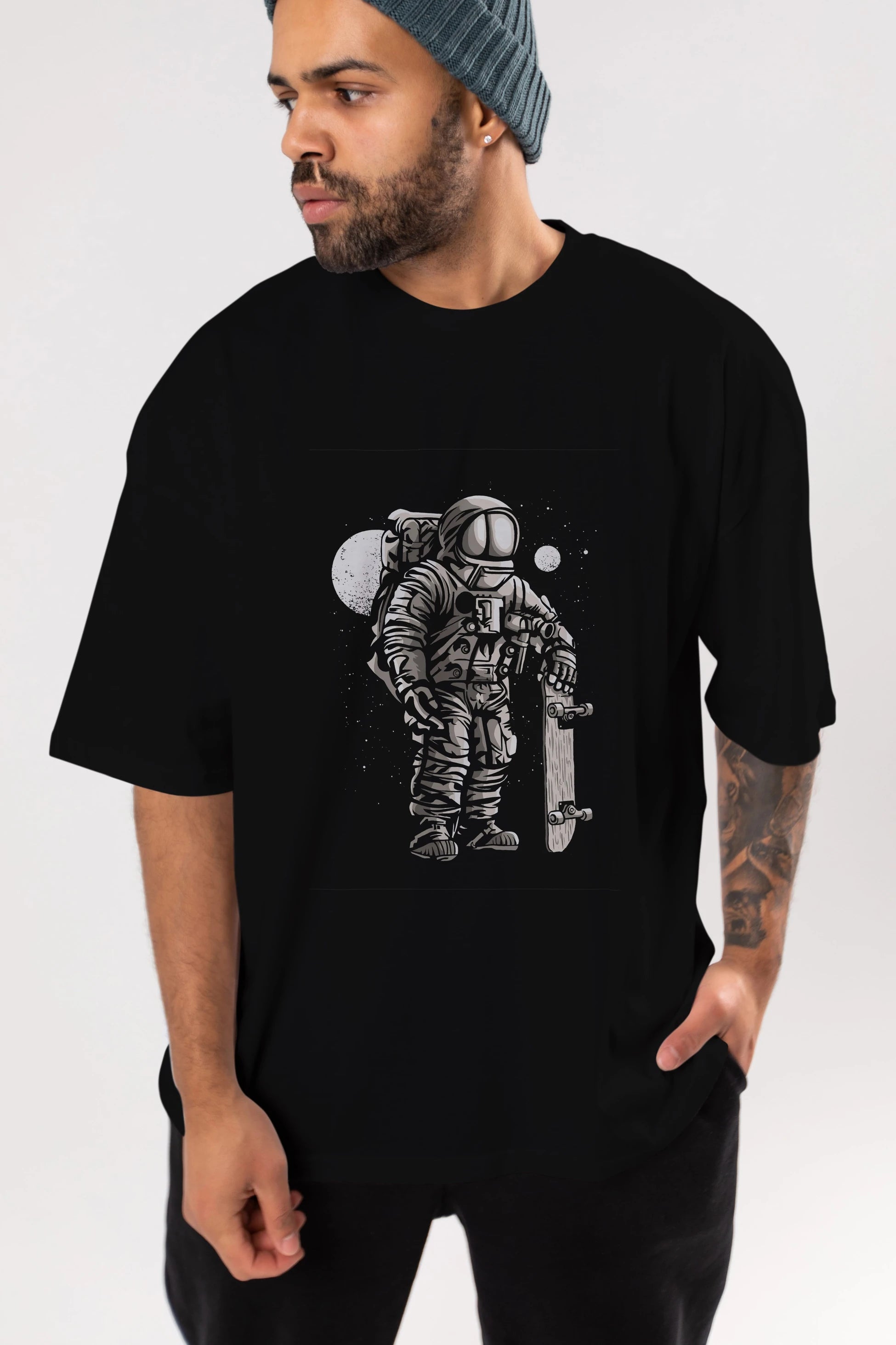 Astronaut Skater Ön Baskılı Oversize t-shirt Erkek Kadın Unisex %100 Pamuk tişort
