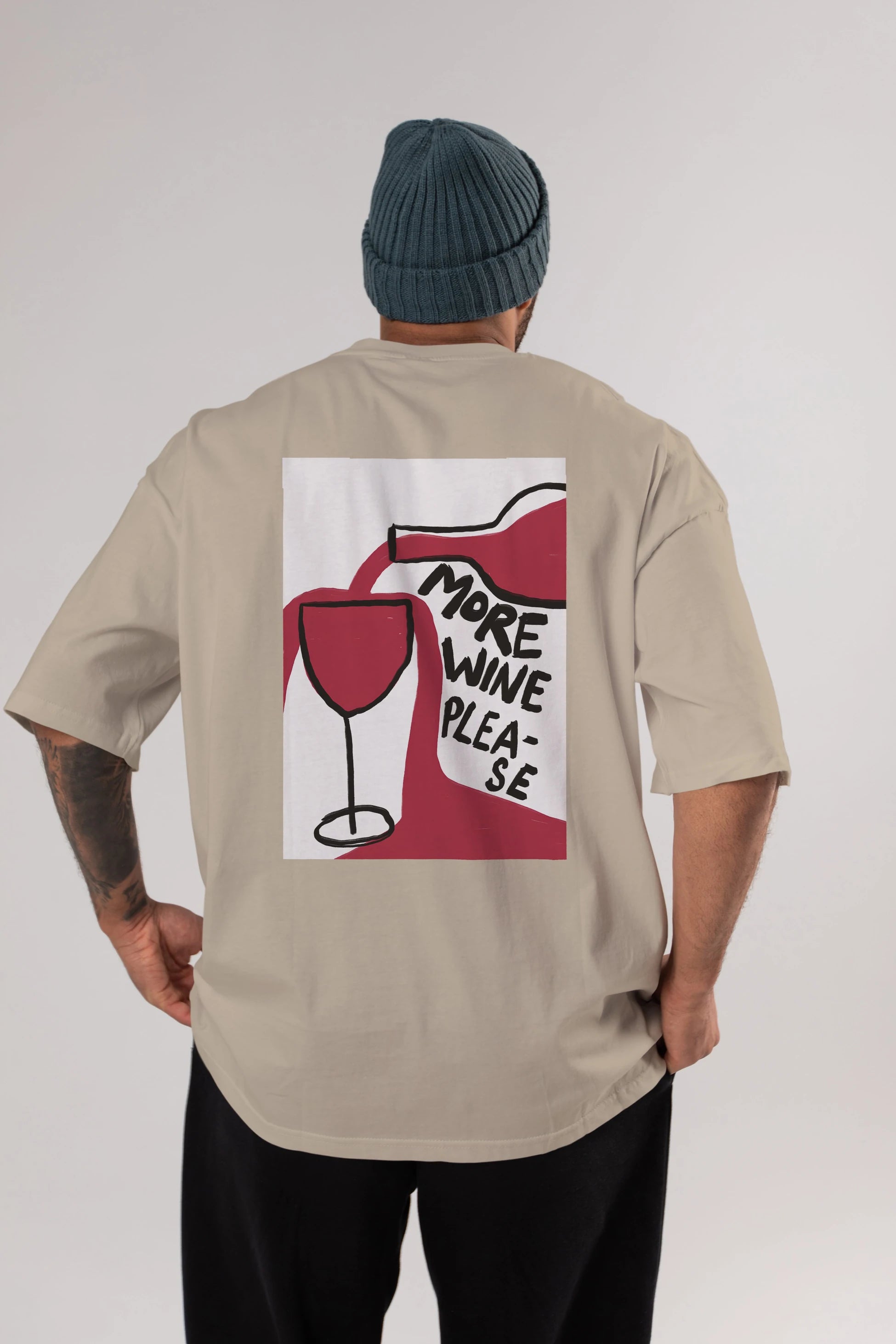 More Wine Please Arka Baskılı Oversize t-shirt Erkek Kadın Unisex %100 Pamuk Bisiklet Yaka tişort