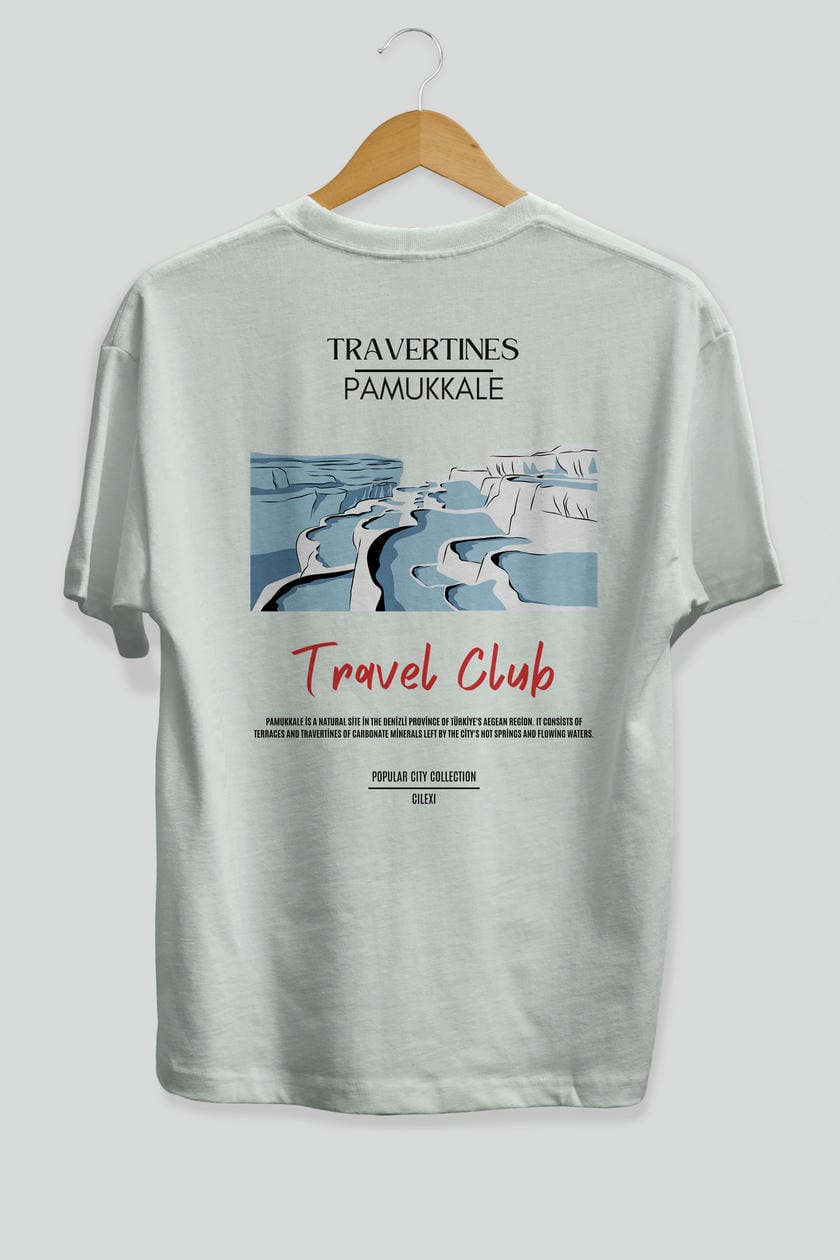 Travertines Pamukkale Arka Baskılı Oversize t-shirt Erkek Kadın Pamuk Bisiklet Yaka tişort