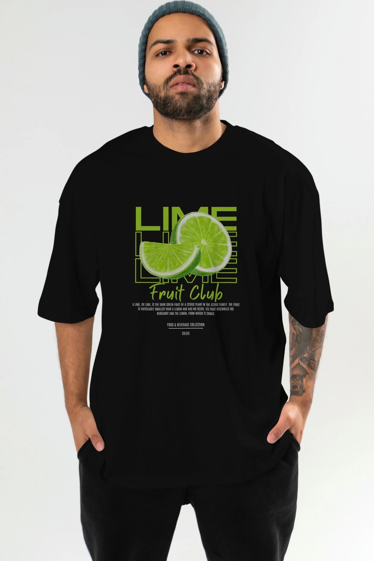 Lime Ön Baskılı Oversize t-shirt Erkek Kadın Pamuk Bisiklet Yaka tişort