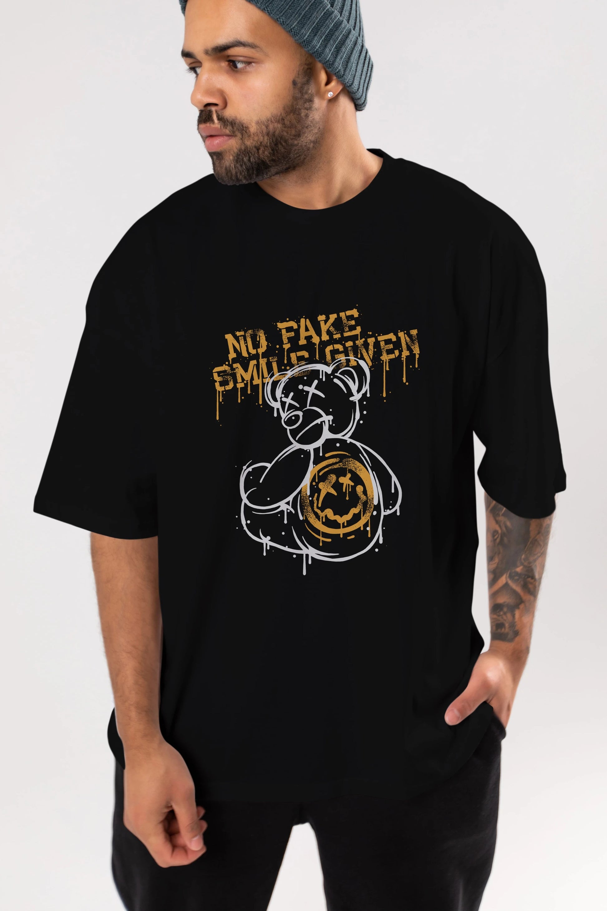 No Fake Smile Given Bear Ön Baskılı Oversize t-shirt Erkek Kadın Unisex