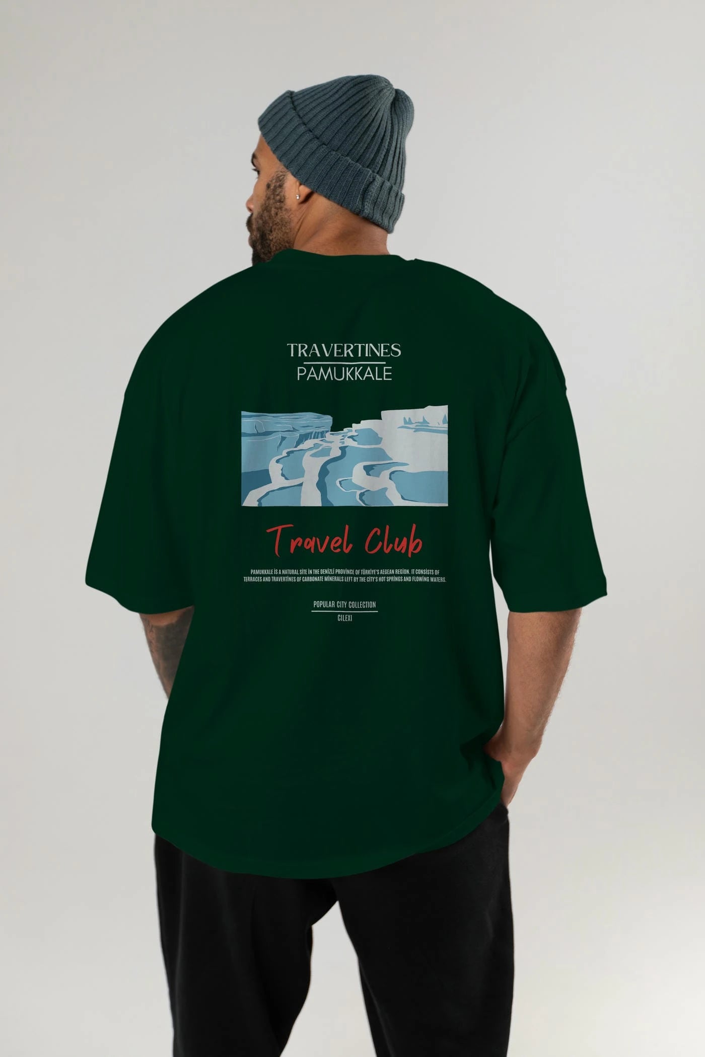 Travertines Pamukkale Arka Baskılı Oversize t-shirt Erkek Kadın Pamuk Bisiklet Yaka tişort