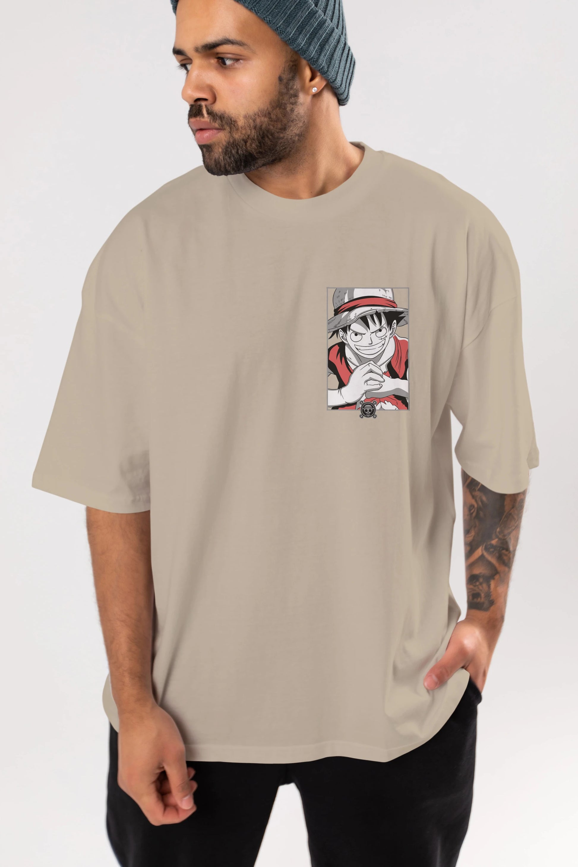 LUFF D. MONKEY OnePiece Ön Sol Baskılı Oversize t-shirt Erkek Kadın Unisex %100 Pamuk Bisiklet Yaka tişort