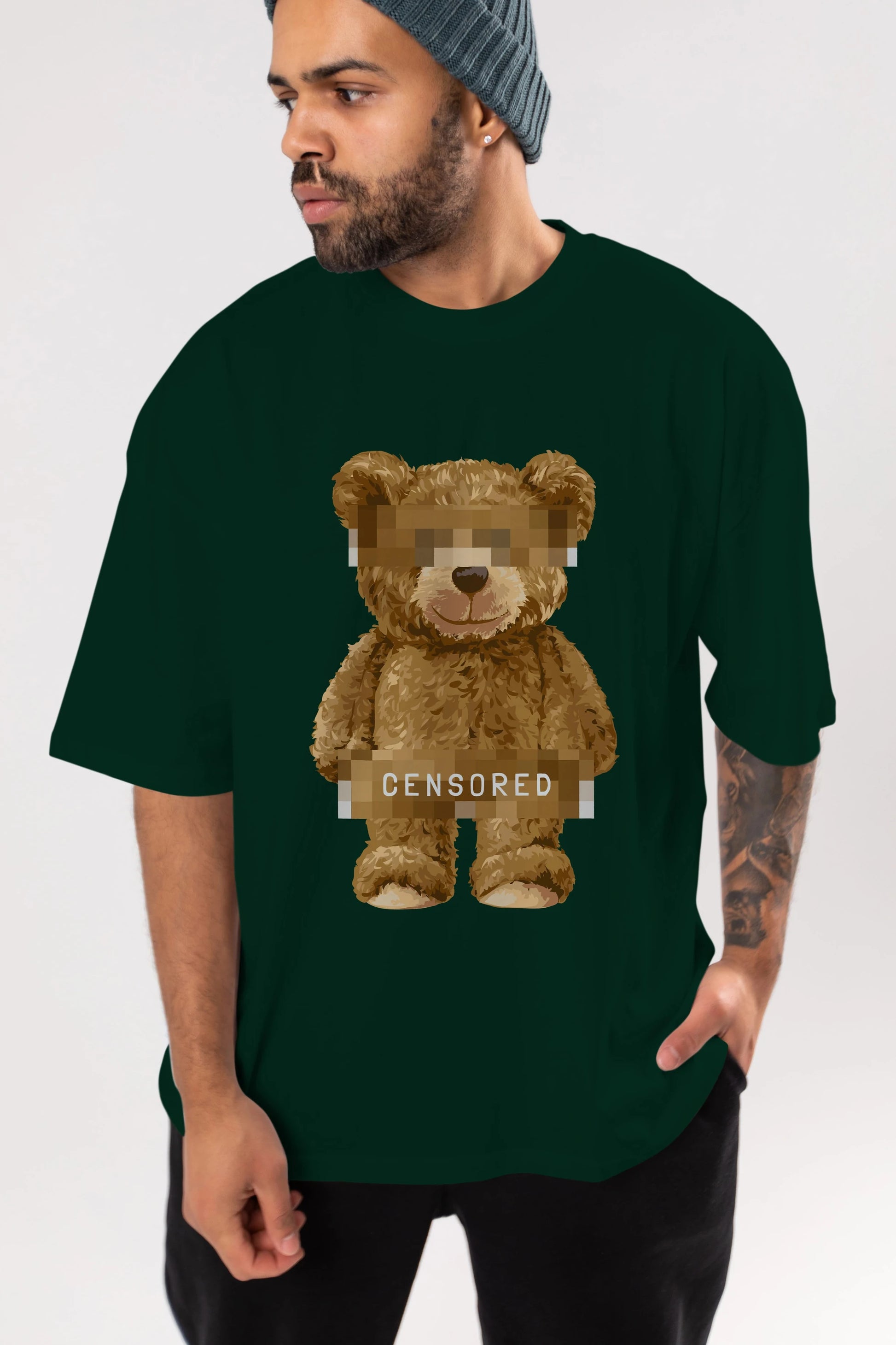 Teddy Bear Censored Ön Baskılı Oversize t-shirt Erkek Kadın Unisex %100 Pamuk