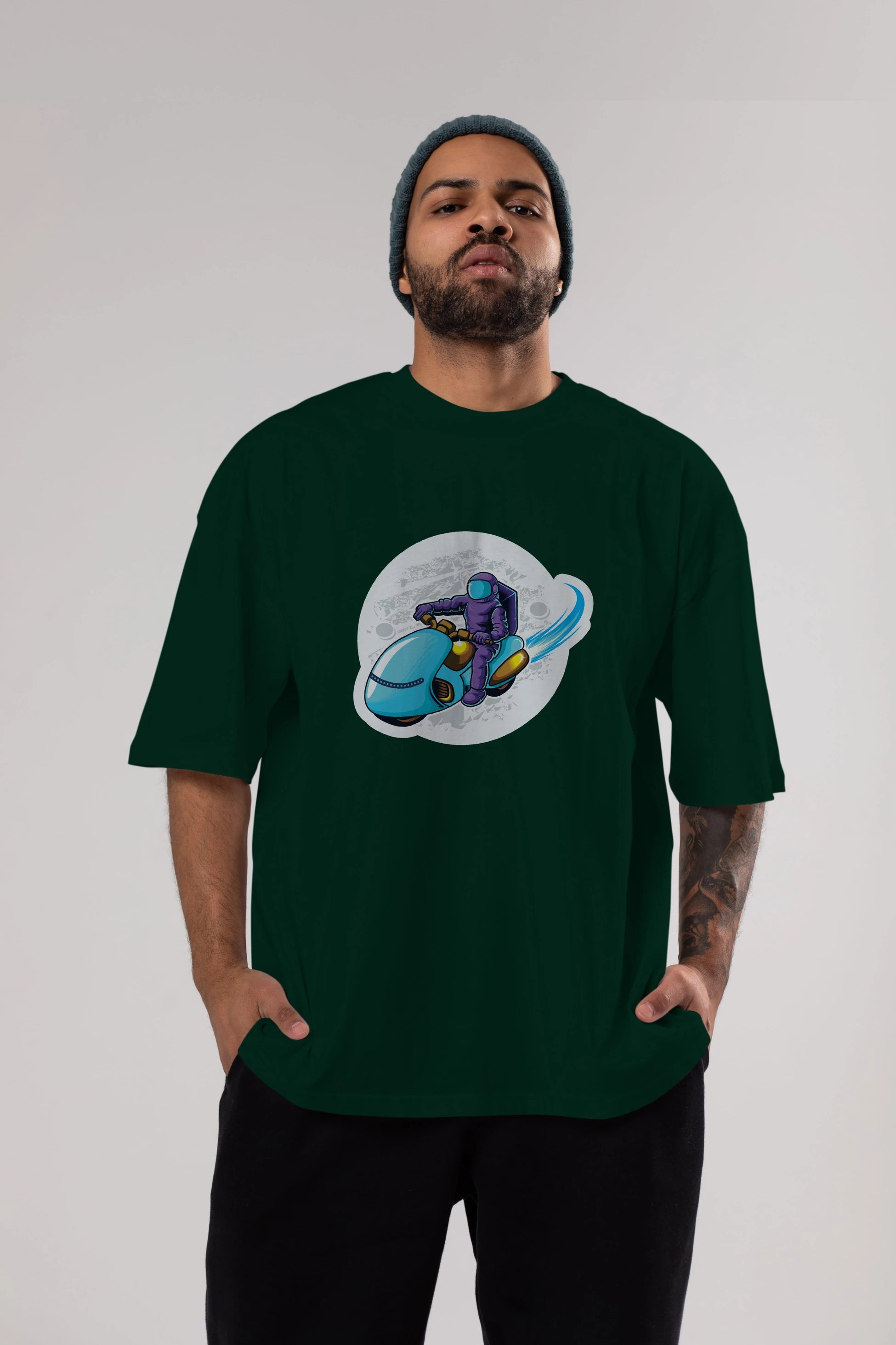 Astrorider in Space Sticker Ön Baskılı Oversize t-shirt Erkek Kadın Unisex