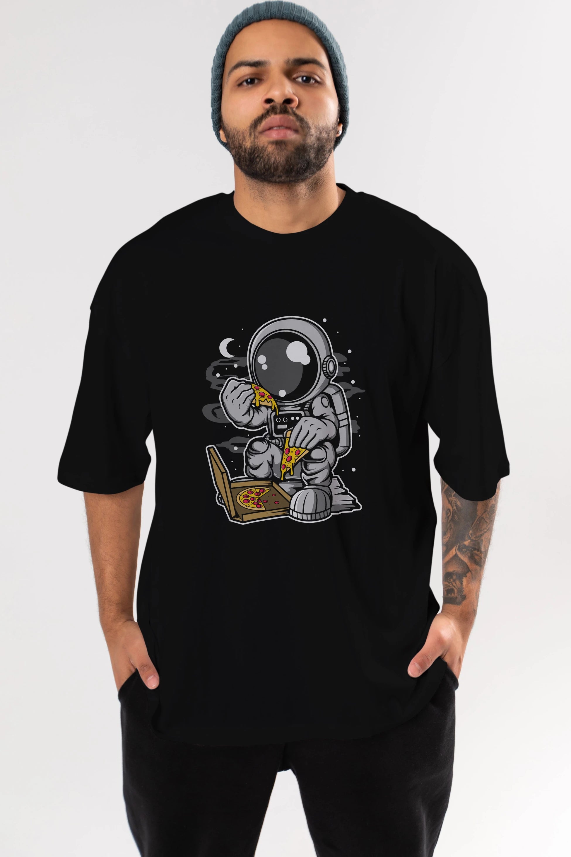 Astronaut Pizza Ön Baskılı Oversize t-shirt Erkek Kadın Unisex