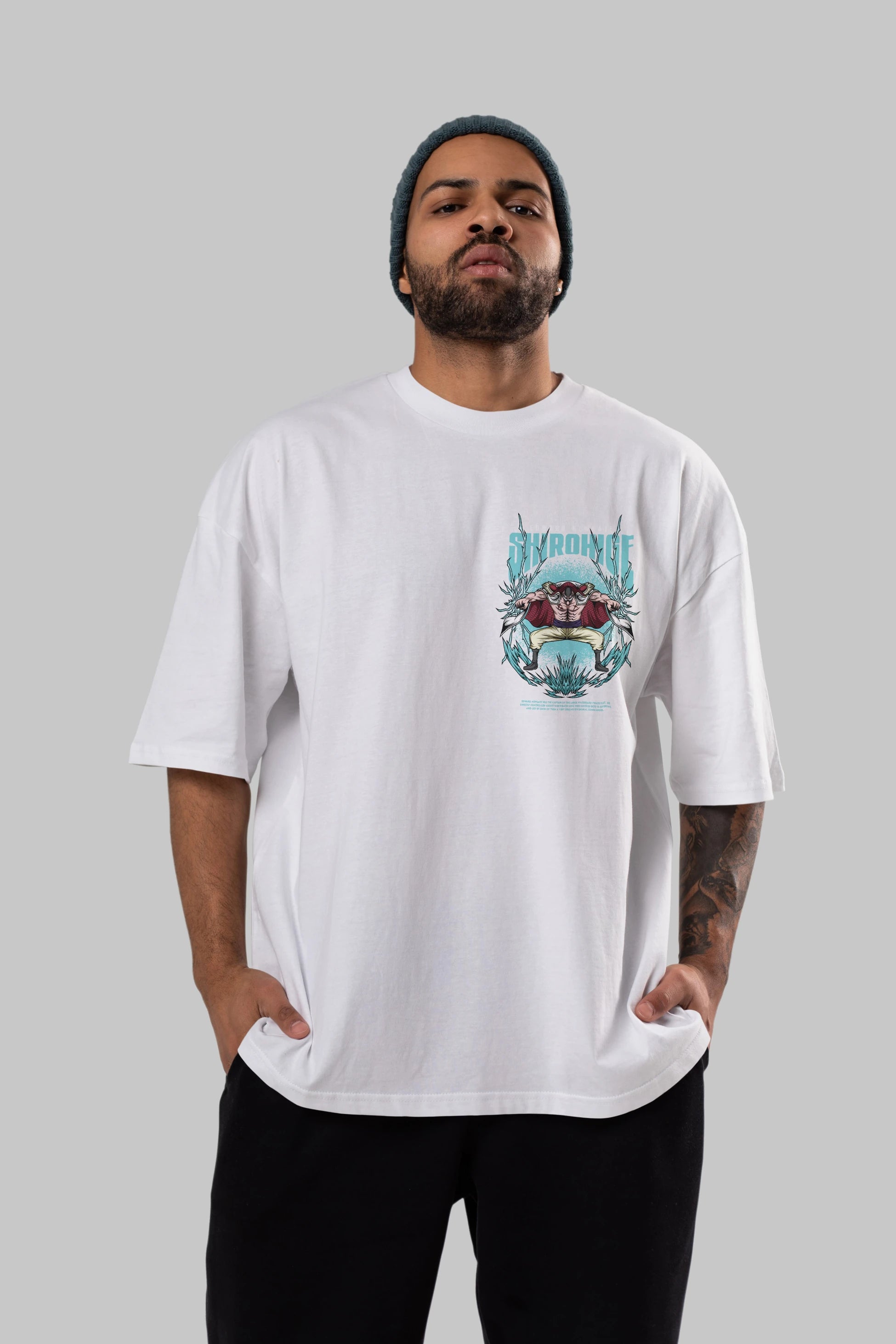 Shirohige Ön Sol Baskılı Oversize t-shirt Erkek Kadın Unisex %100 Pamuk Bisiklet Yaka tişort