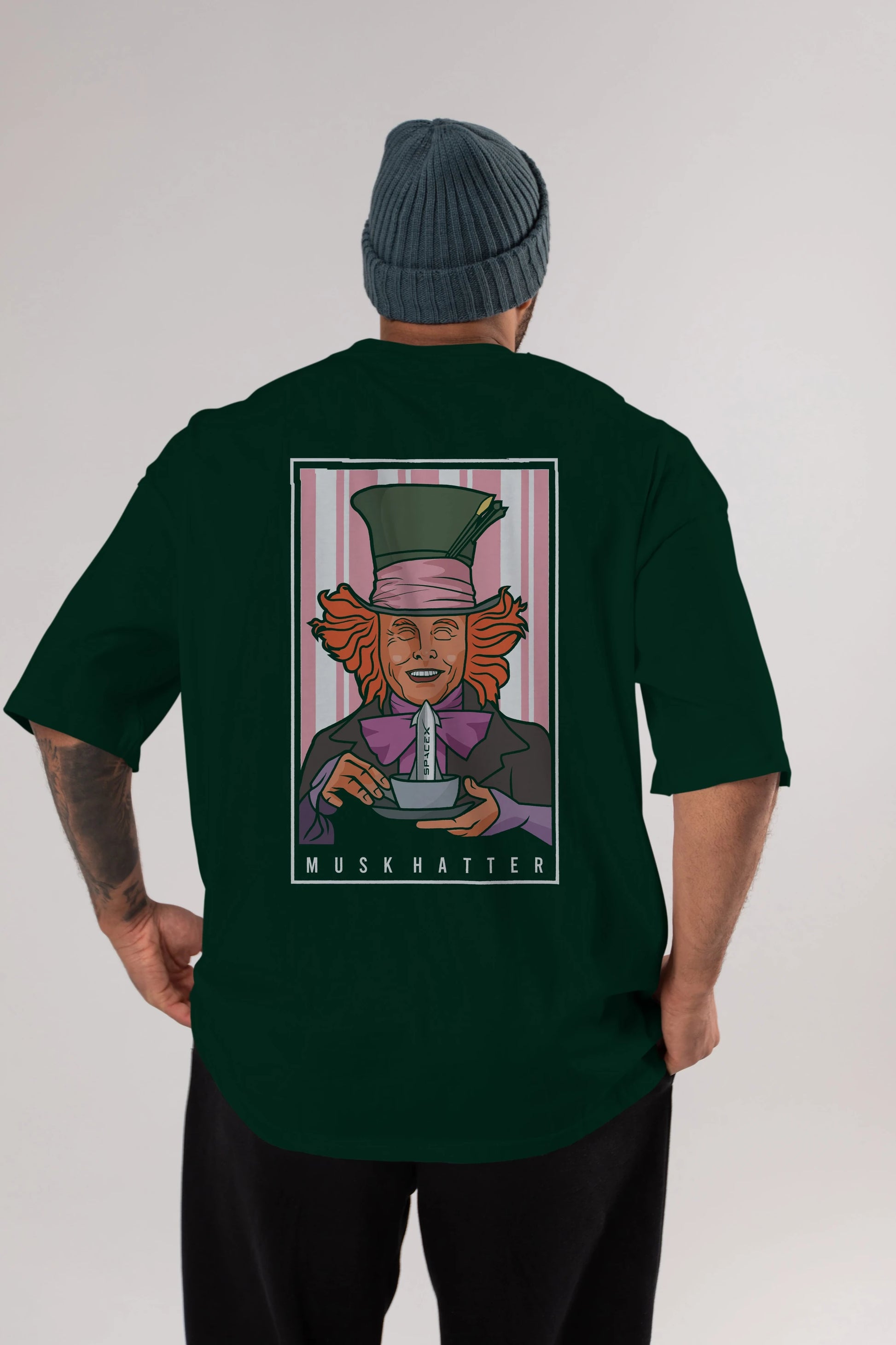 Mad Hatter Elon Musk Arka Baskılı Oversize t-shirt Erkek Kadın Unisex %100 Pamuk tişort