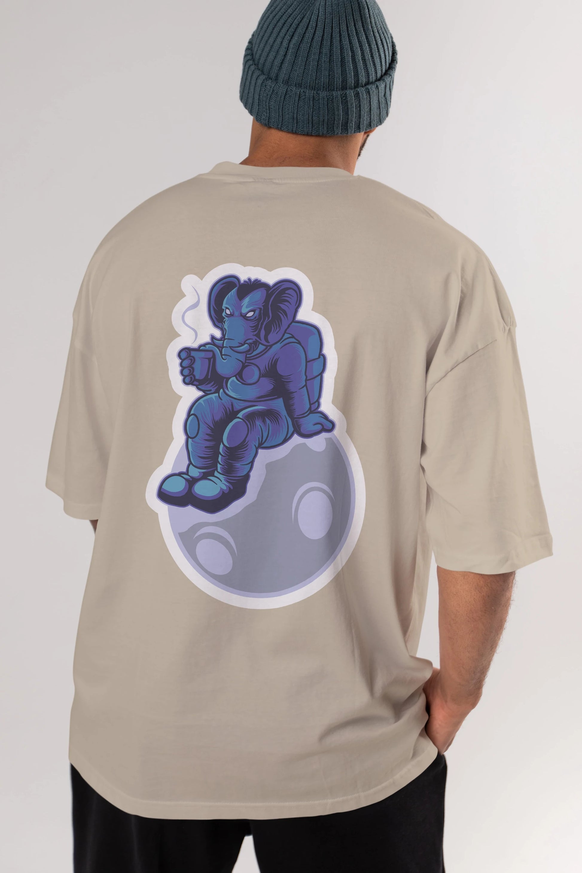Space Elephant Drink Coffee Sticker Arka Baskılı Oversize t-shirt Erkek Kadın Unisex