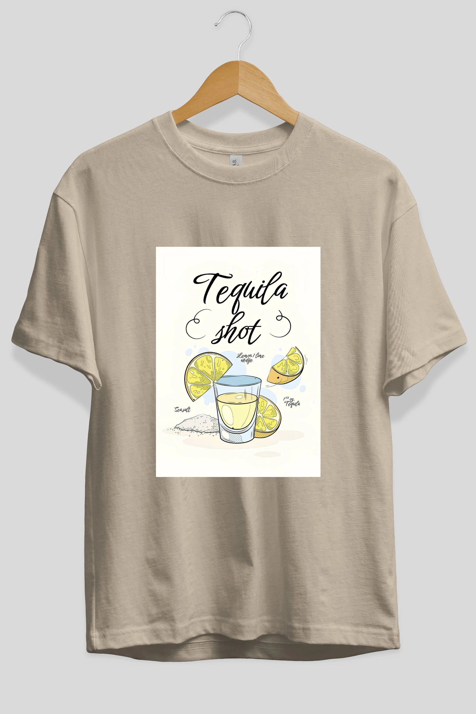Tequila Shot Ön Baskılı Oversize t-shirt Erkek Kadın Unisex %100 Pamuk Bisiklet Yaka tişort