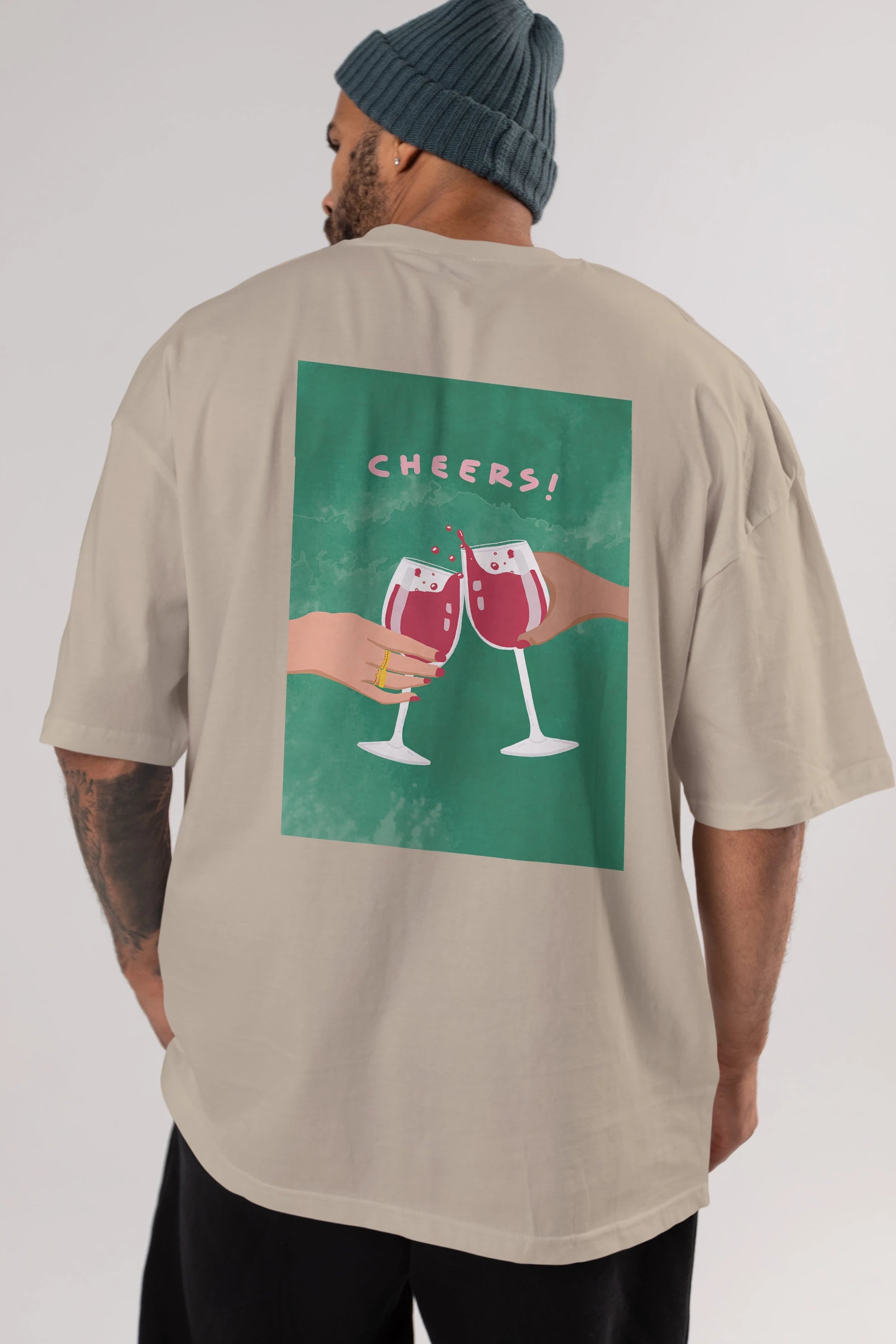 Cheers Arka Baskılı Oversize t-shirt Erkek Kadın Unisex %100 Pamuk Bisiklet Yaka tişort