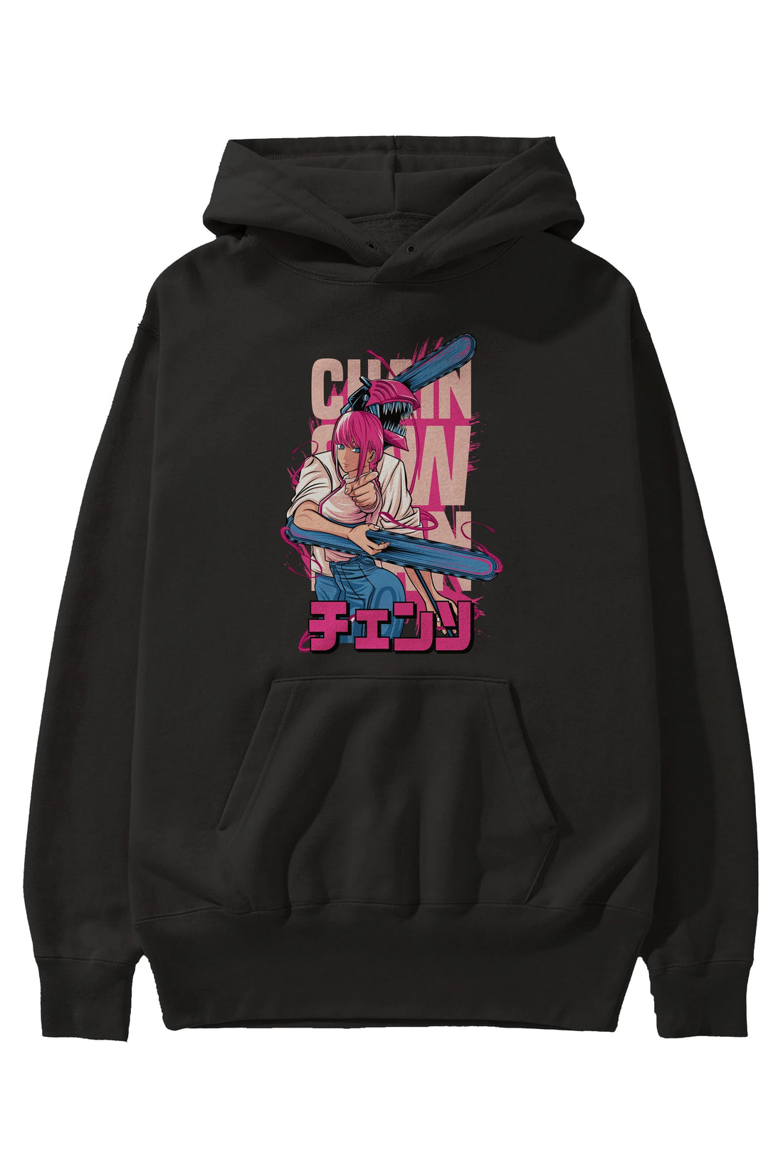 DENJI and MAKIMA Anime Ön Baskılı Hoodie Oversize Kapüşonlu Sweatshirt Erkek Kadın Unisex