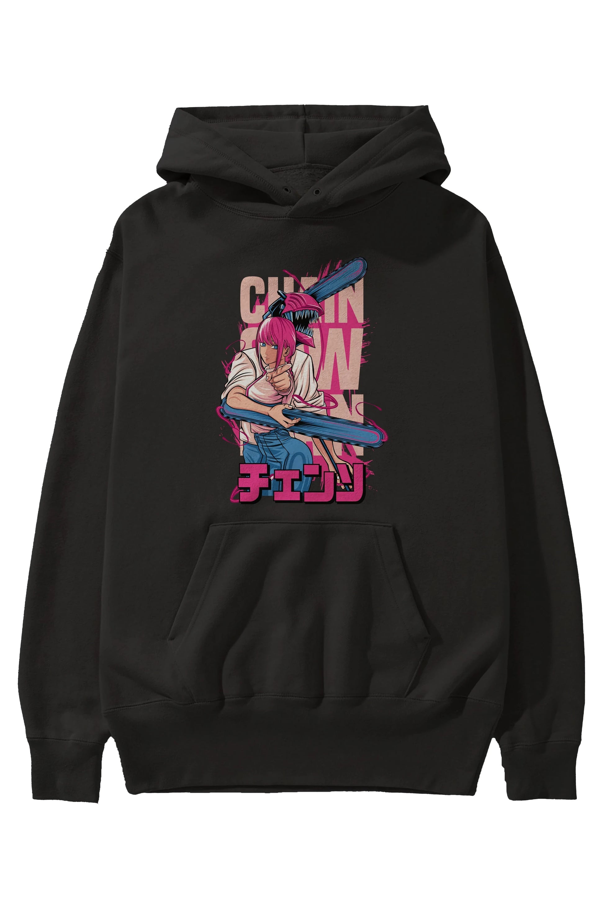 DENJI and MAKIMA Anime Ön Baskılı Hoodie Oversize Kapüşonlu Sweatshirt Erkek Kadın Unisex