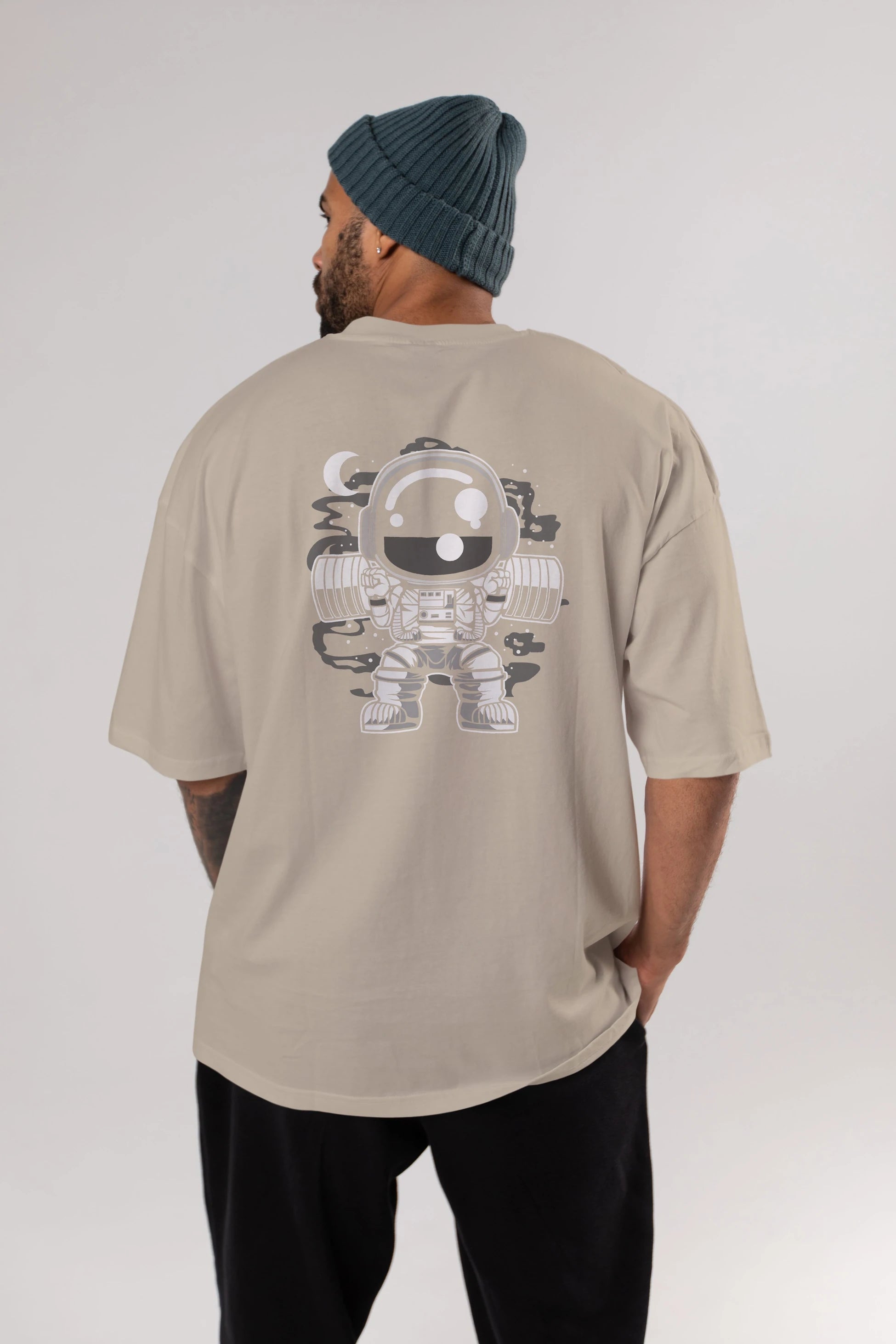 Astronaut Barbell Body Builder Arka Baskılı Oversize t-shirt Erkek Kadın Unisex