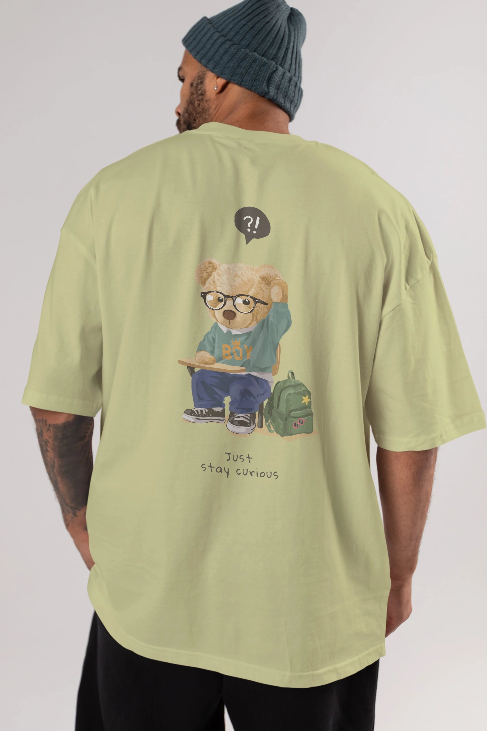 Teddy Bear Just Stay Curious Arka Baskılı Oversize t-shirt Erkek Kadın Unisex %100 Pamuk