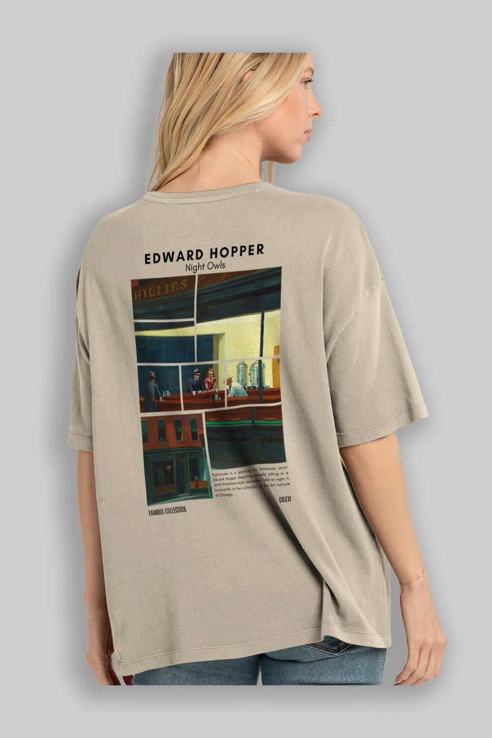 Edward Hopper Night Owls Arka Baskılı Oversize t-shirt Erkek Kadın Bisiklet Yaka Pamuk tişort