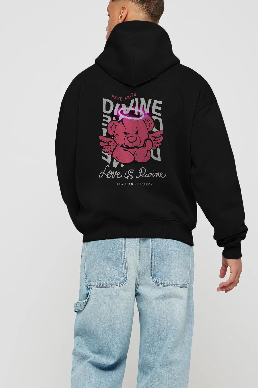 Love is Divine Bear Arka Baskılı Hoodie Oversize Kapüşonlu Sweatshirt Erkek Kadın Unisex