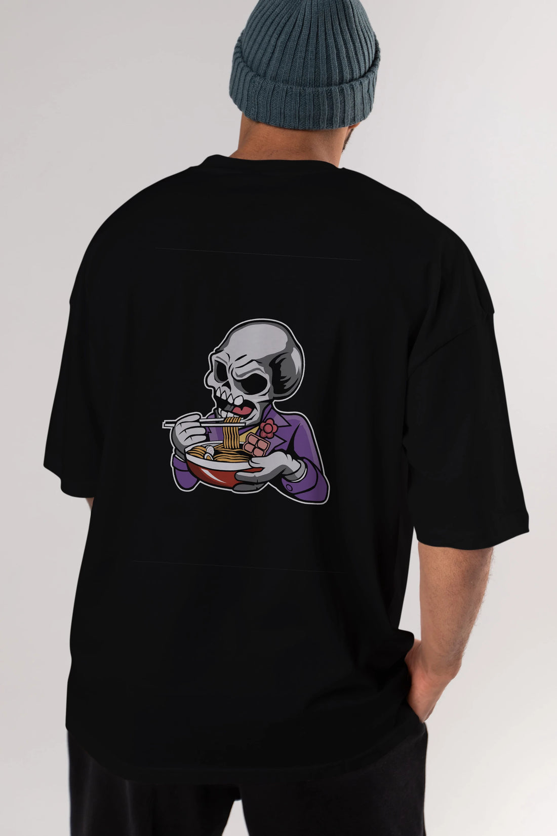 Skull Ramen Arka Baskılı Oversize t-shirt Erkek Kadın Unisex %100 Pamuk tişort