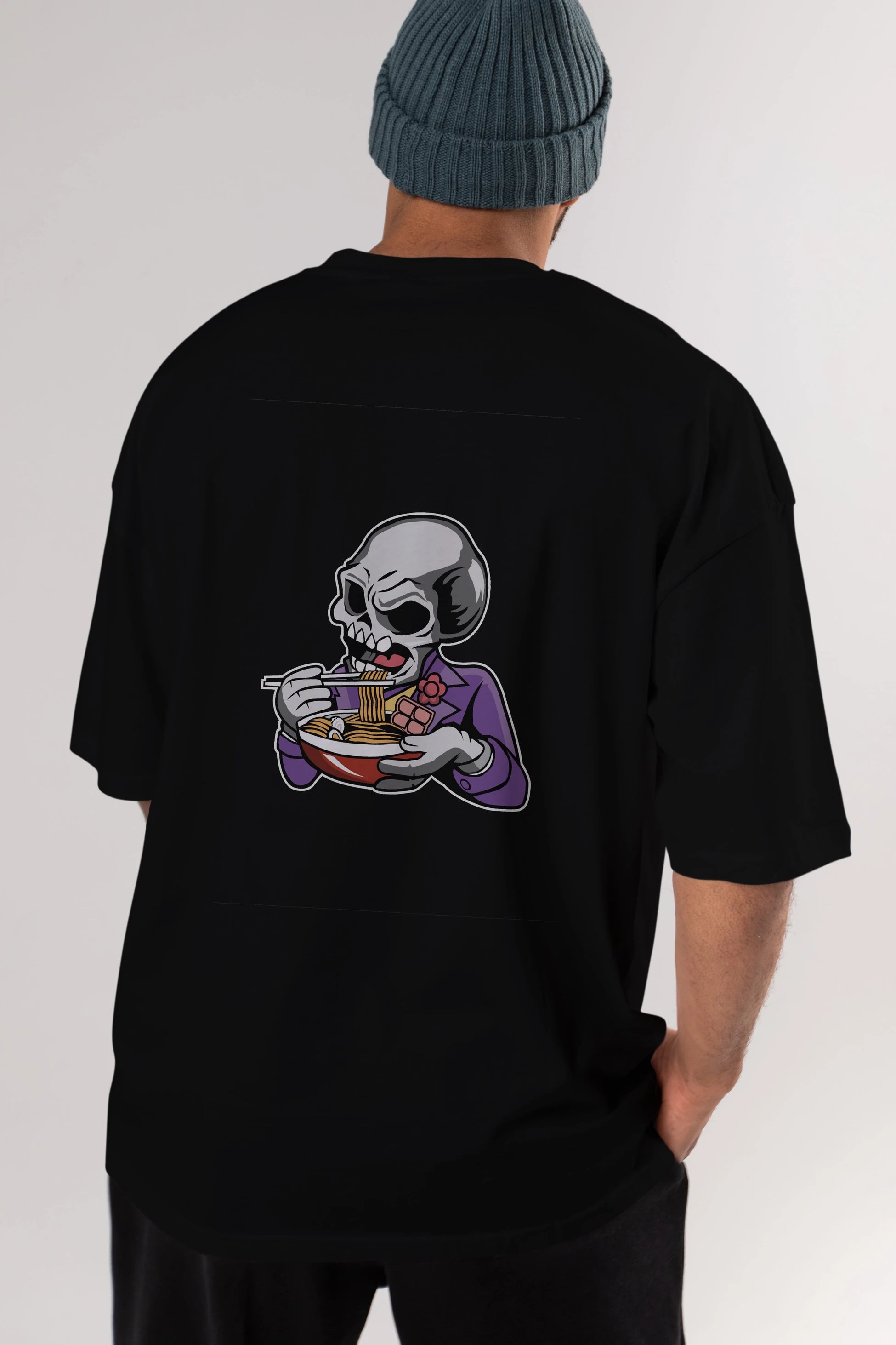 Skull Ramen Arka Baskılı Oversize t-shirt Erkek Kadın Unisex %100 Pamuk tişort