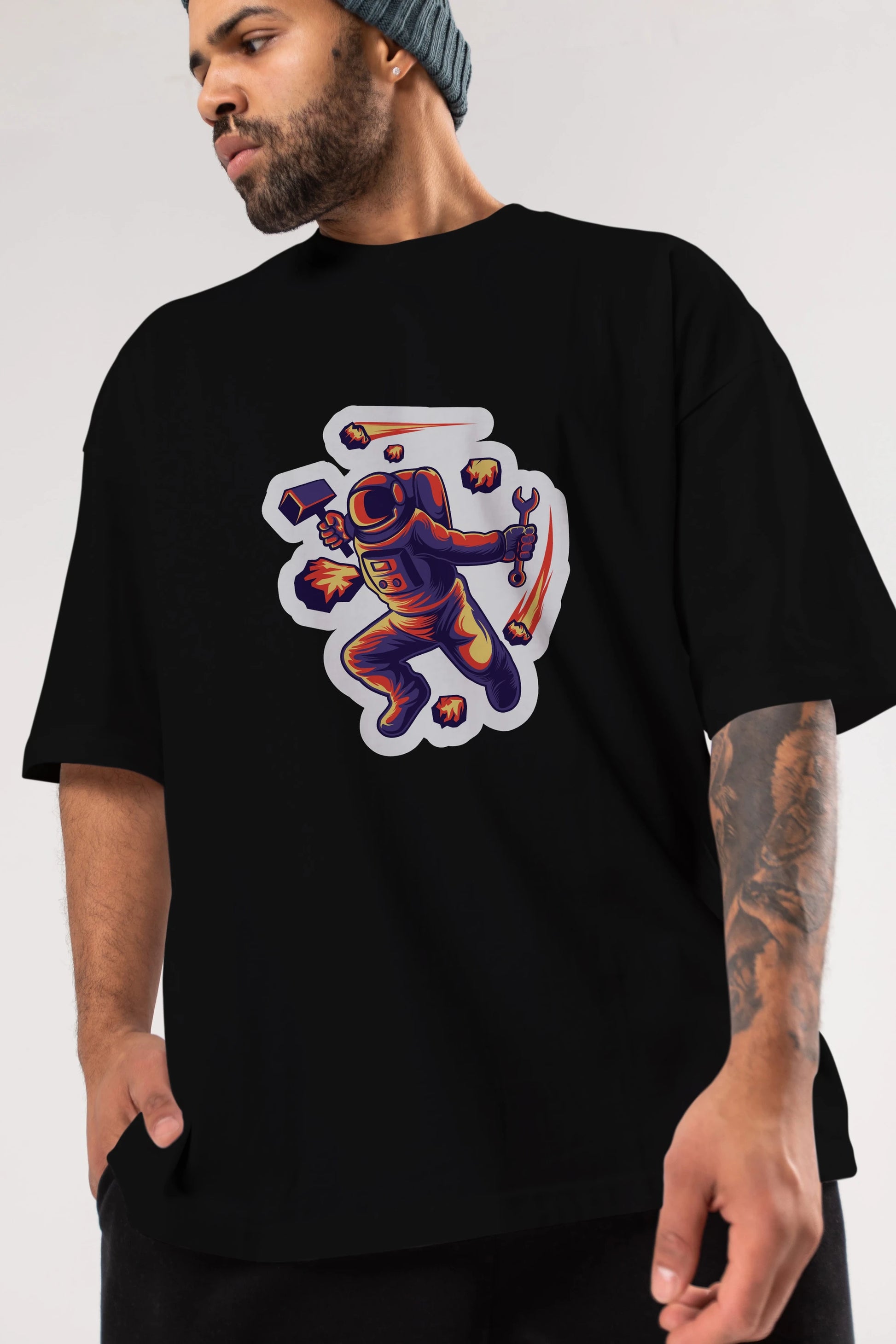 Astronaut Block Meteor Sticker Ön Baskılı Oversize t-shirt Erkek Kadın Unisex