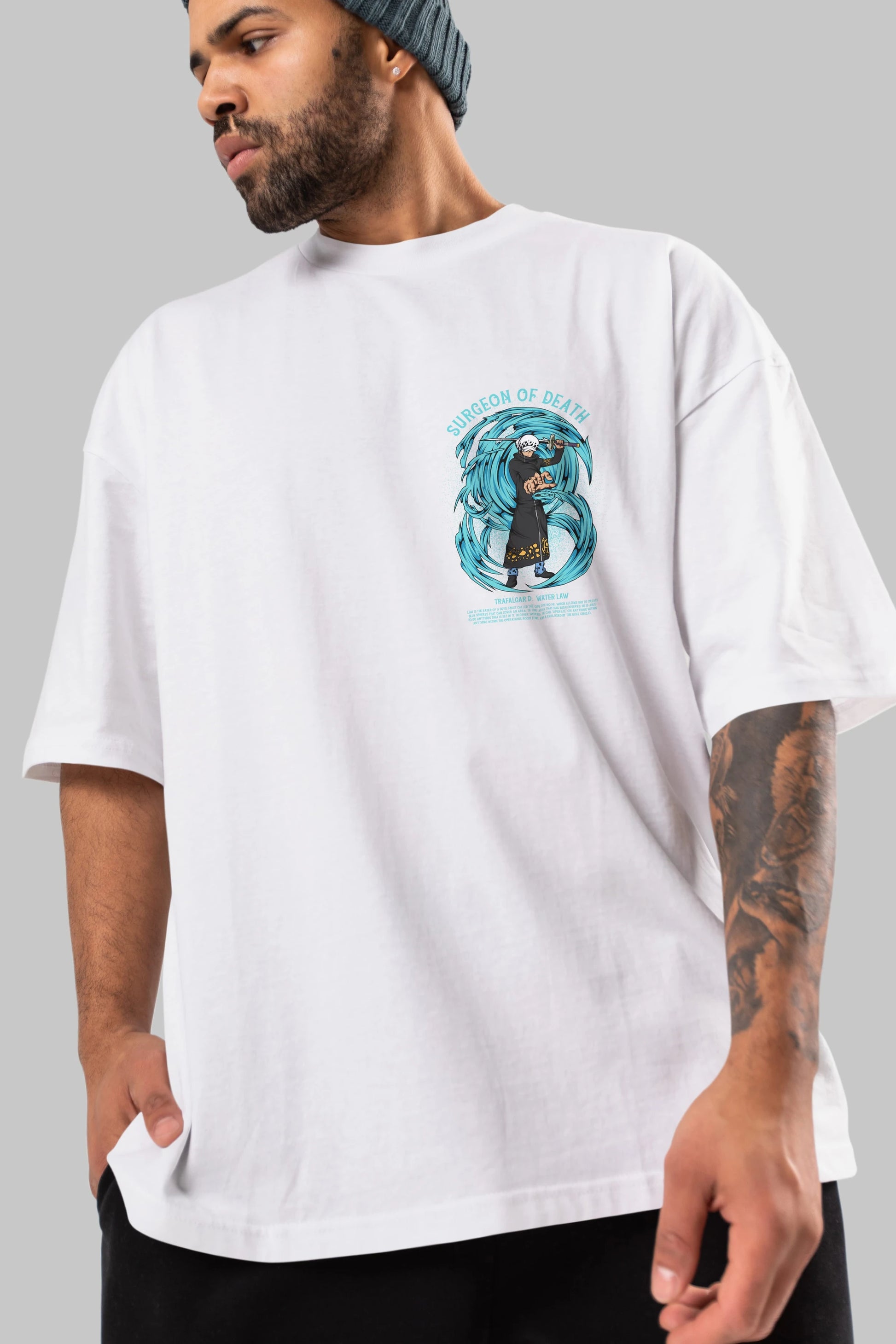 Trafalgad D. Water Law Ön Sol Baskılı Oversize t-shirt Erkek Kadın Unisex %100 Pamuk Bisiklet Yaka tişort