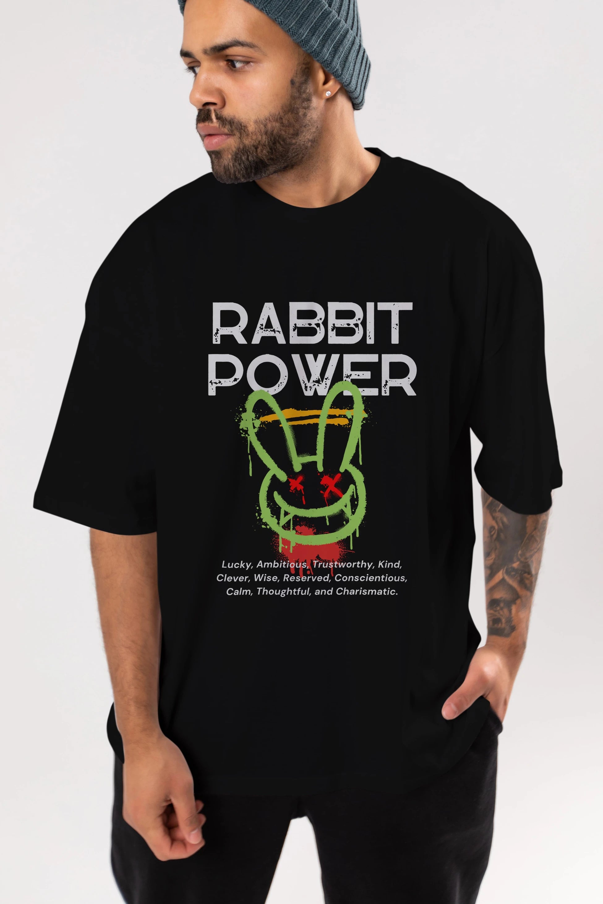 Rabbit Power Yazılı Ön Baskılı Oversize t-shirt Erkek Kadın Unisex