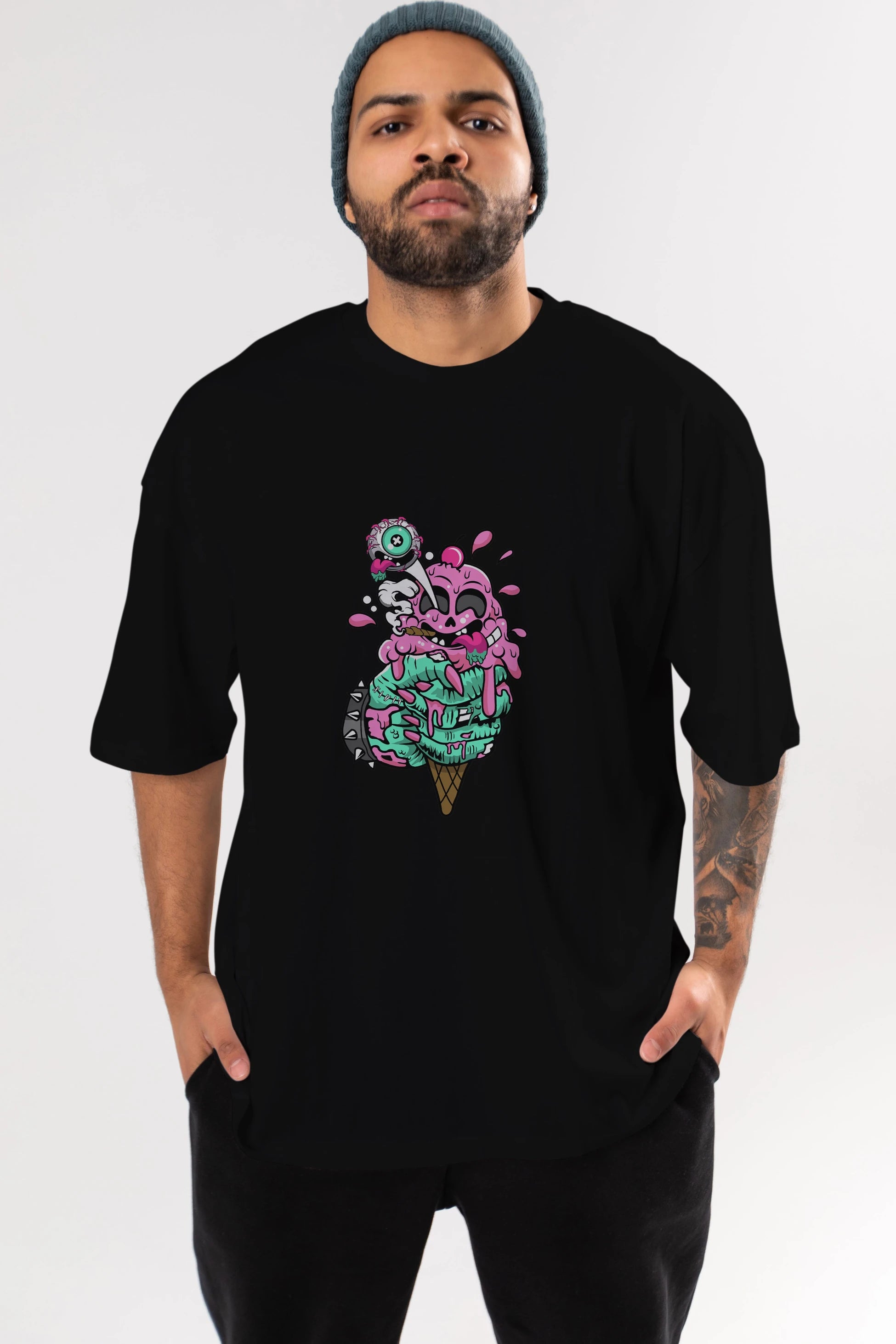 Ice Cream Zombie Ön Baskılı Oversize t-shirt Erkek Kadın Unisex %100 Pamuk tişort
