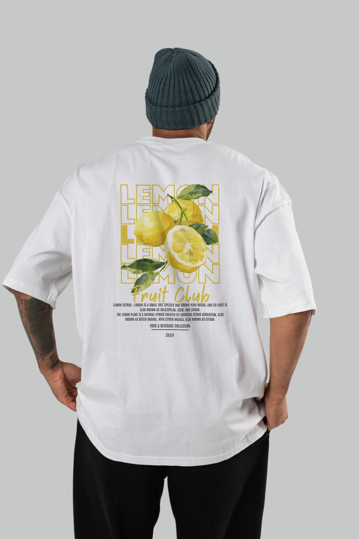 Lemon Arka Baskılı Oversize t-shirt Erkek Kadın Pamuk Bisiklet Yaka tişort
