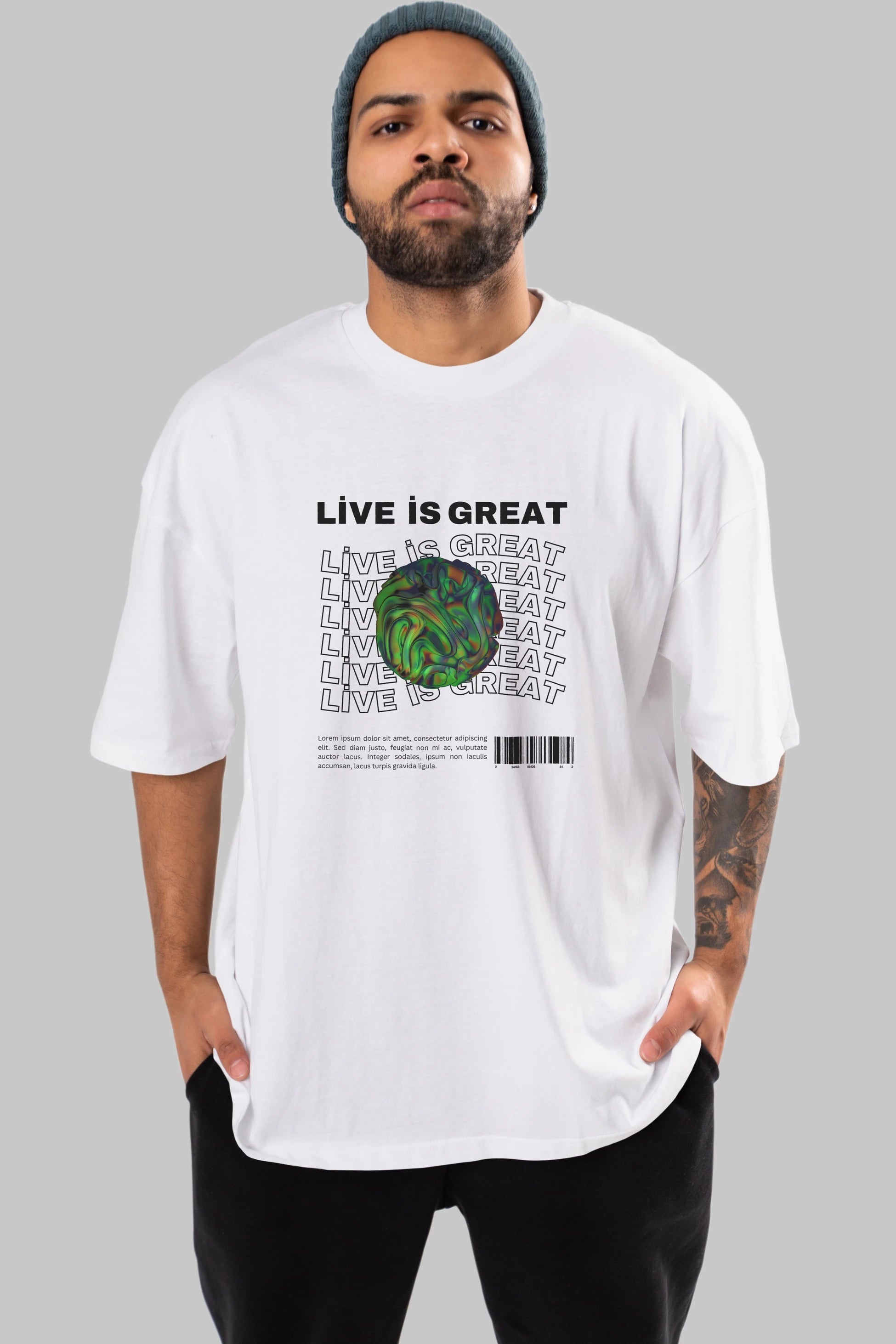 Live is Great Yazılı Ön Baskılı Oversize t-shirt Erkek Kadın Unisex
