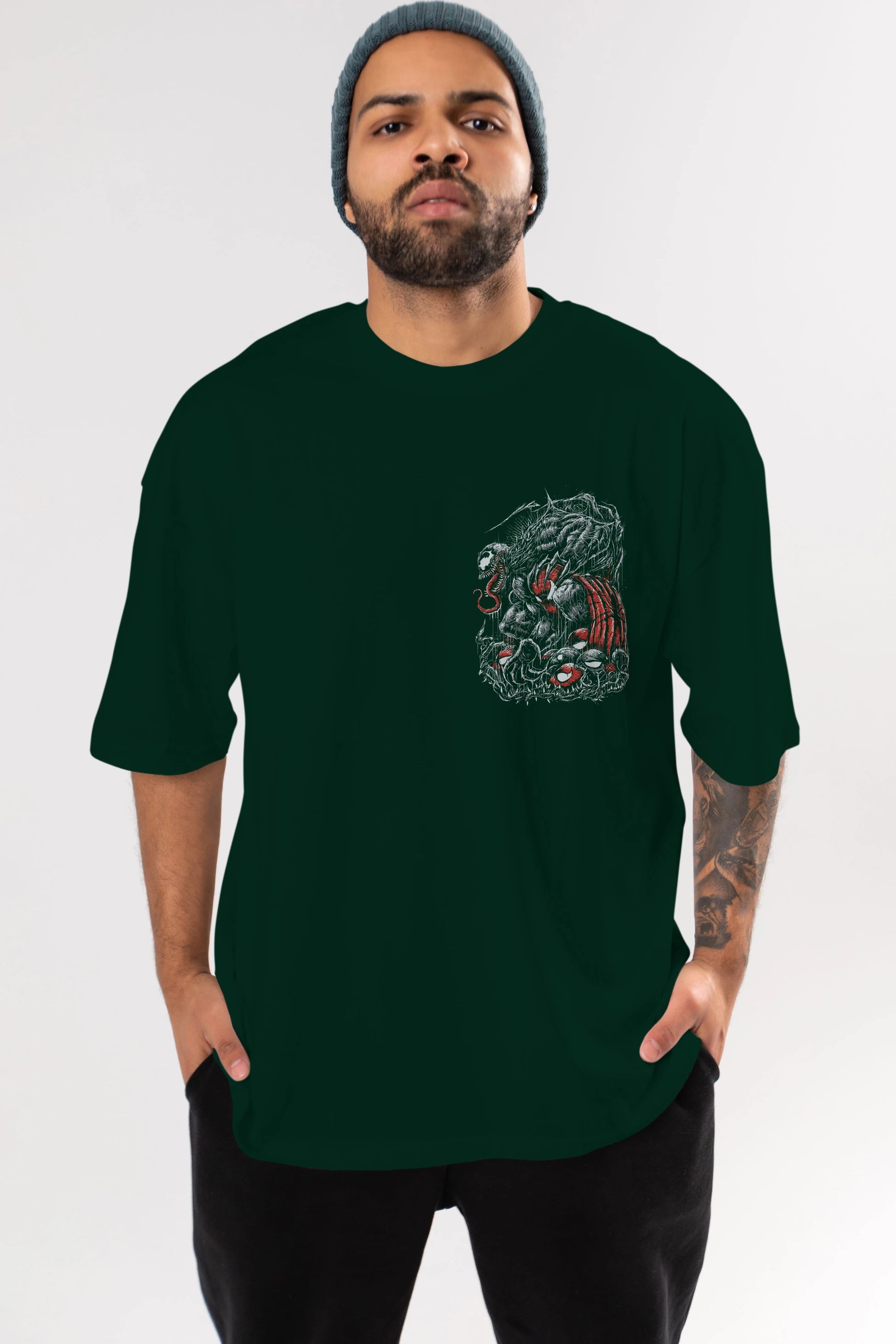 Venom (14) Ön Sol Baskılı Oversize t-shirt Erkek Kadın Unisex %100 Pamuk Bisiklet Yaka tişort