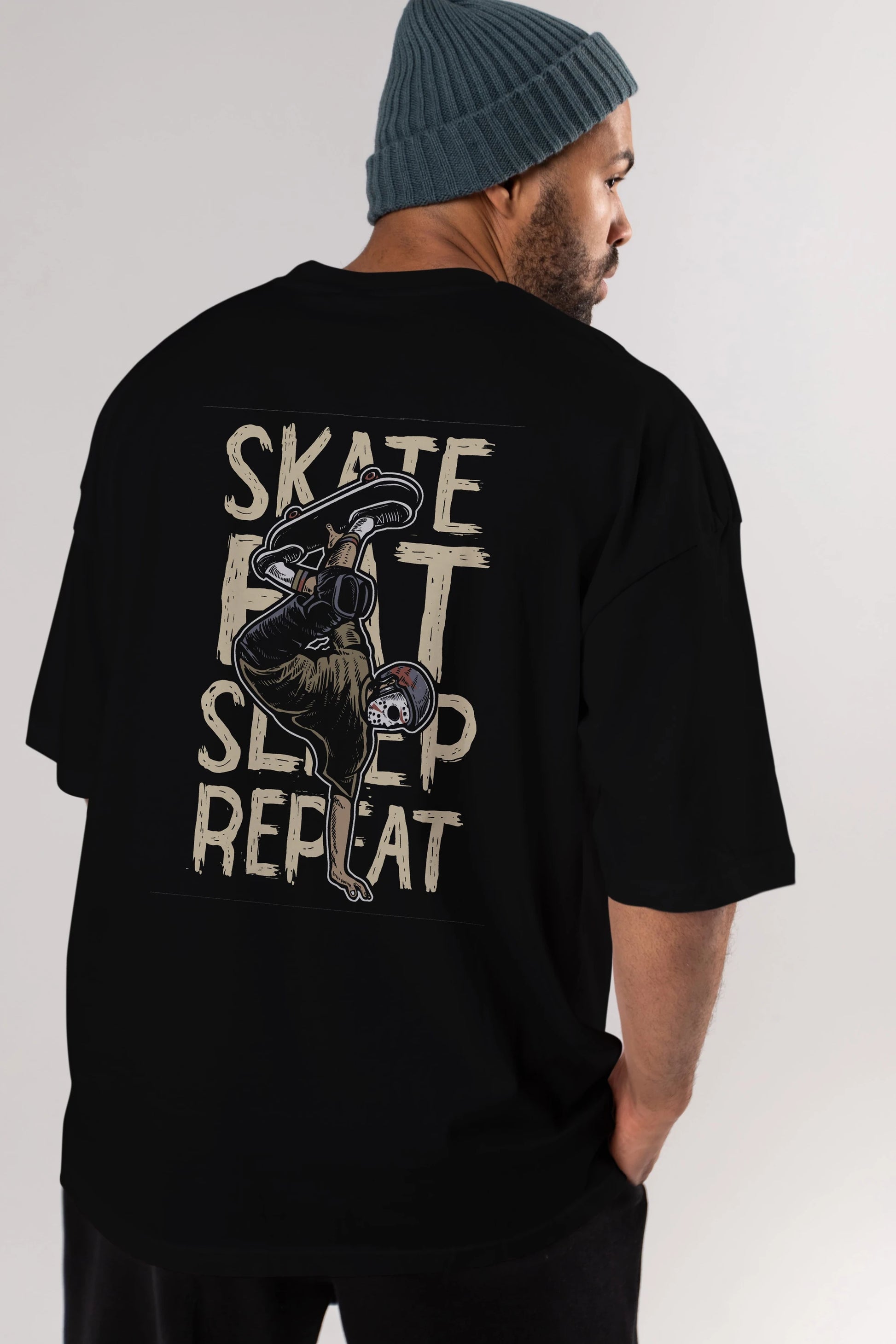 Skate Eat Sleep Repeat Arka Baskılı Oversize t-shirt Erkek Kadın Unisex %100 Pamuk