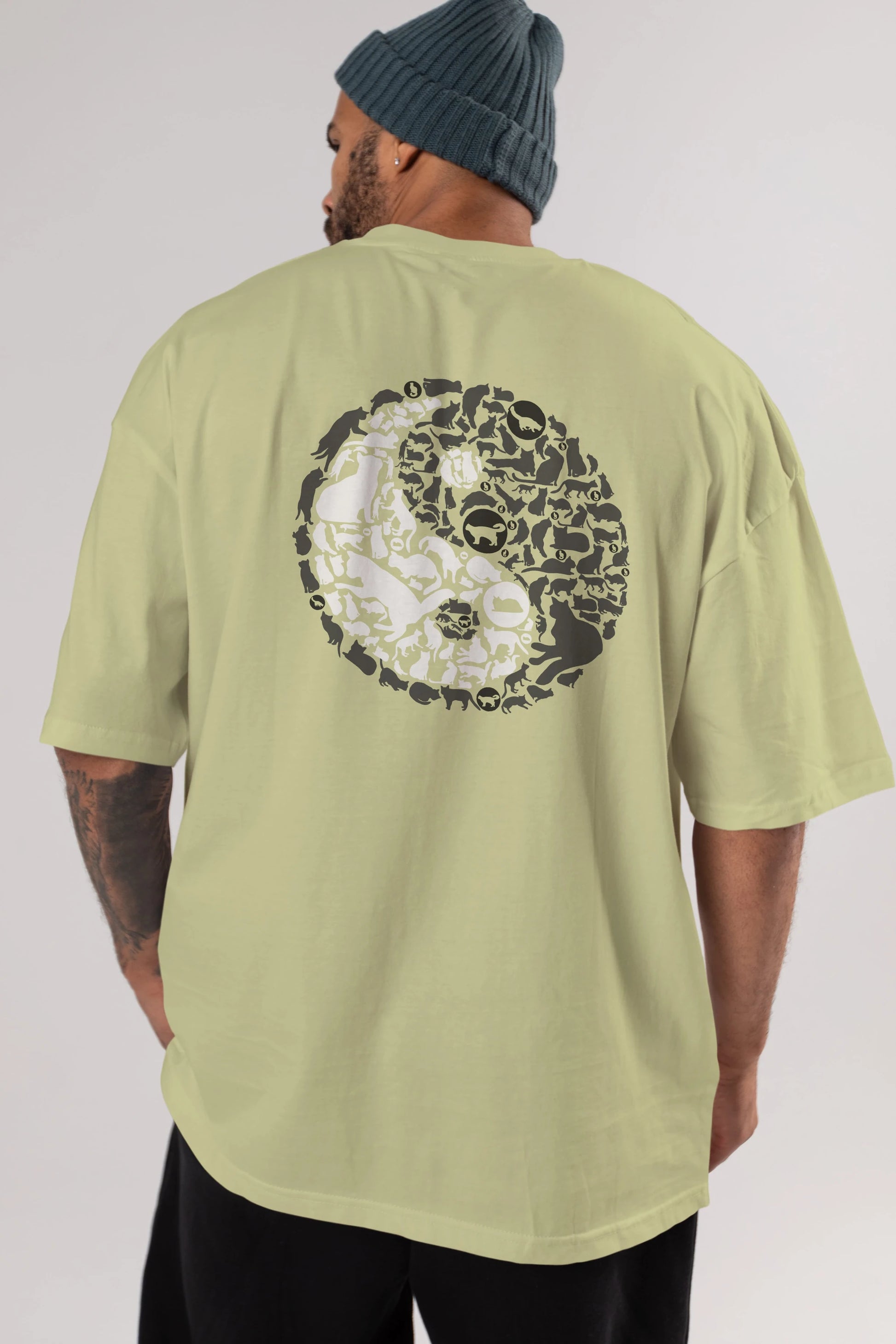 YinYang Cats Arka Baskılı Oversize t-shirt %100 pamuk Erkek Kadın Unisex