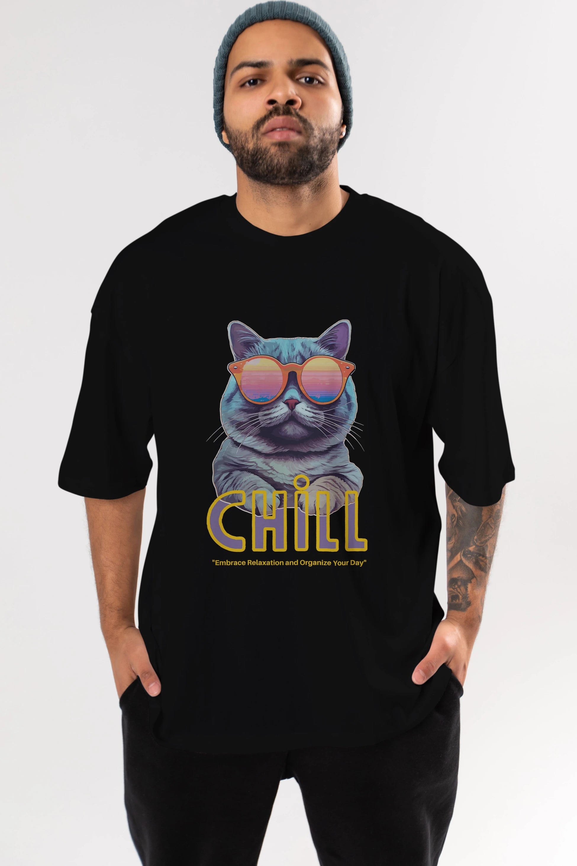 Chill Cat Ön Baskılı Oversize t-shirt Erkek Kadın Unisex