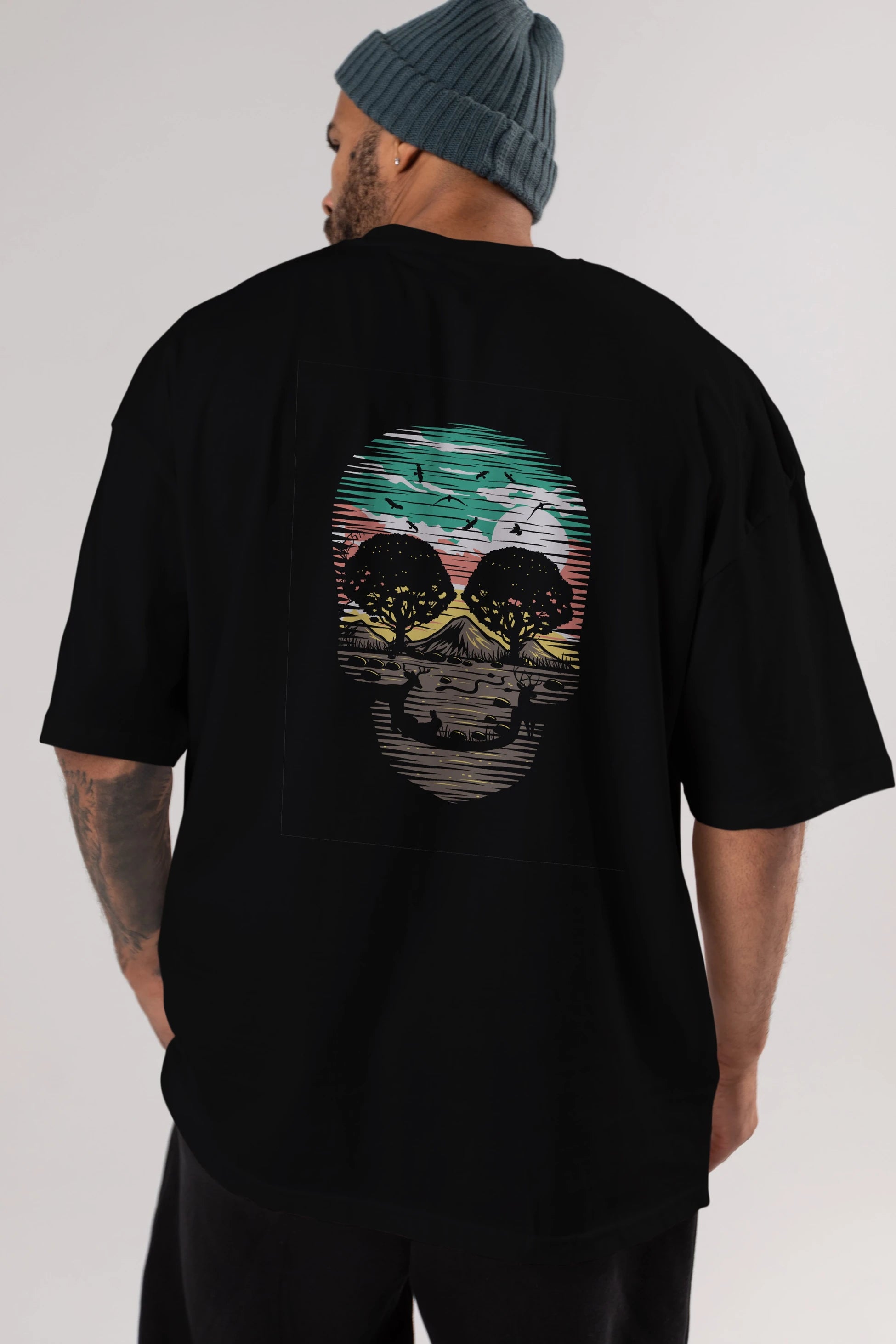 Skull Nature Arka Baskılı Oversize t-shirt %100 pamuk Erkek Kadın Unisex
